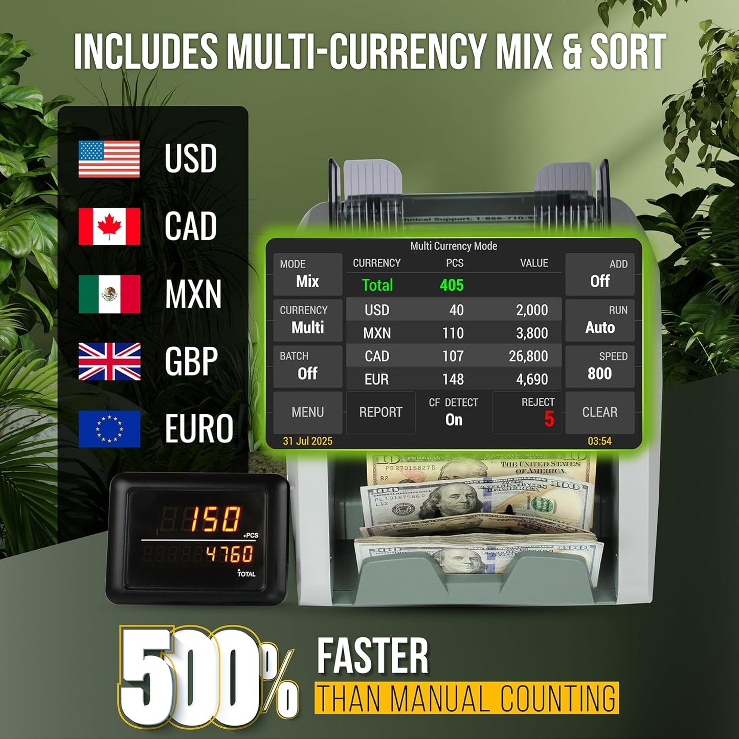 KOLIBRI Money Counter Machine, Advanced Fake Detection & LCD Display | 1,500 Bills per Minute Single-Denomination Cash Counter | Bill Counter Machine (US Customer Support) (B-Domino-V2)