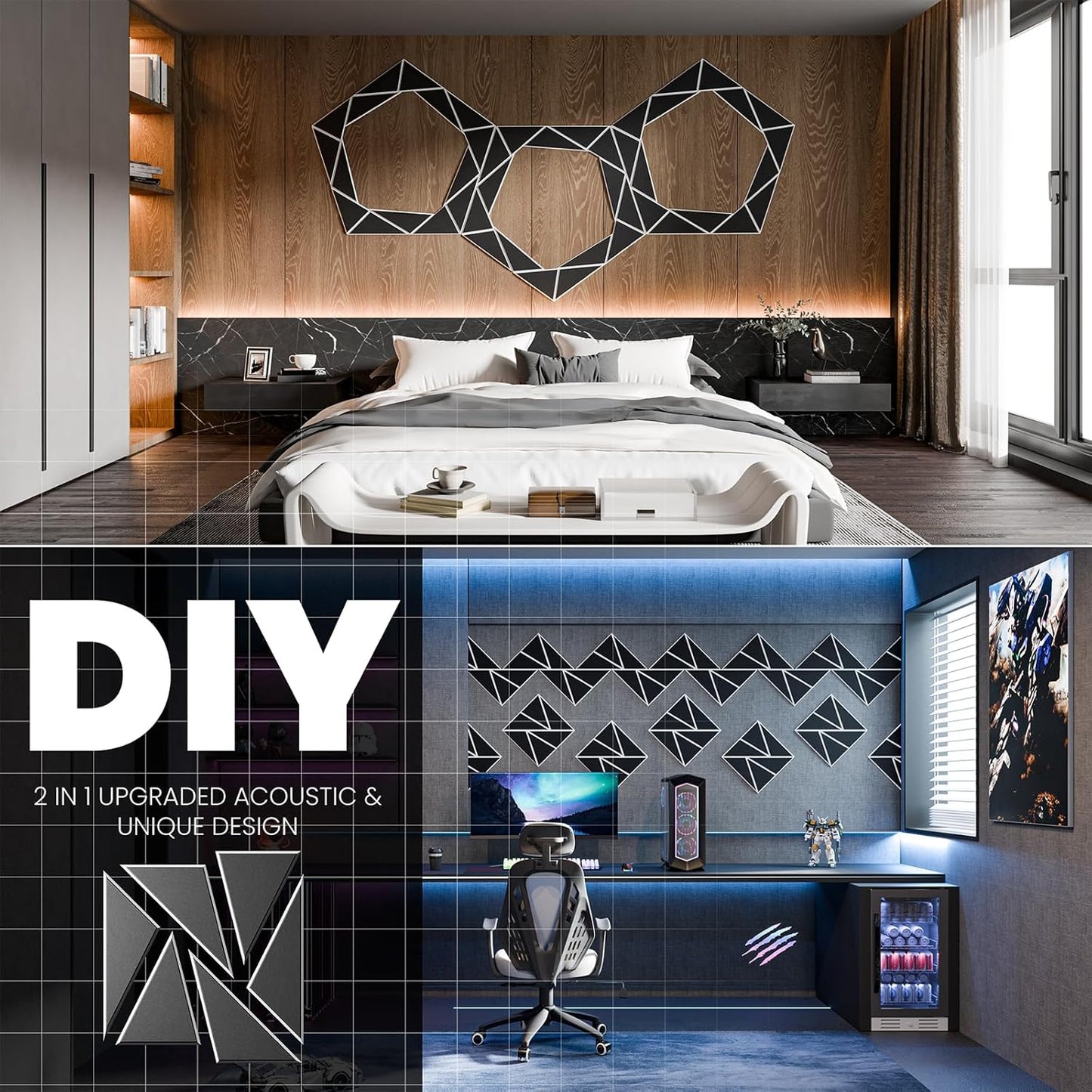 12 pack Acoustic Panels With Self-Adhesive, 12"X 12"X 0.4"Sound Proof Foam Panels, Sound Panels High Density, Soundproof Wall Panels for Home Studio Office- WhiteBase + BlackFace V1