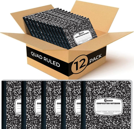 12 Pack Graph Paper Composition Notebook, 200 Pages (100 Sheets), 4x4 Grid, Graph Composition Notebook, Black Marble Hard Cover Quad Ruled Notebooks for School, Bulk Grid Composition Notebook
