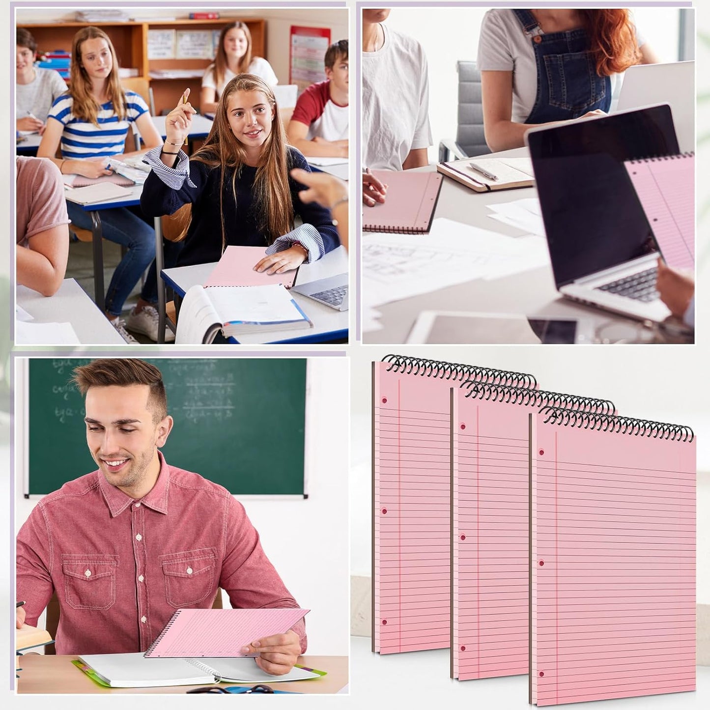3 Packs 8.5" x 11" Top Spiral Notebook with 3 Hole Punched Legal Pads College Ruled Notepad 50 Sheets Hard Cardboard Paper Wirebound Notepad for Office School Business (Pink)