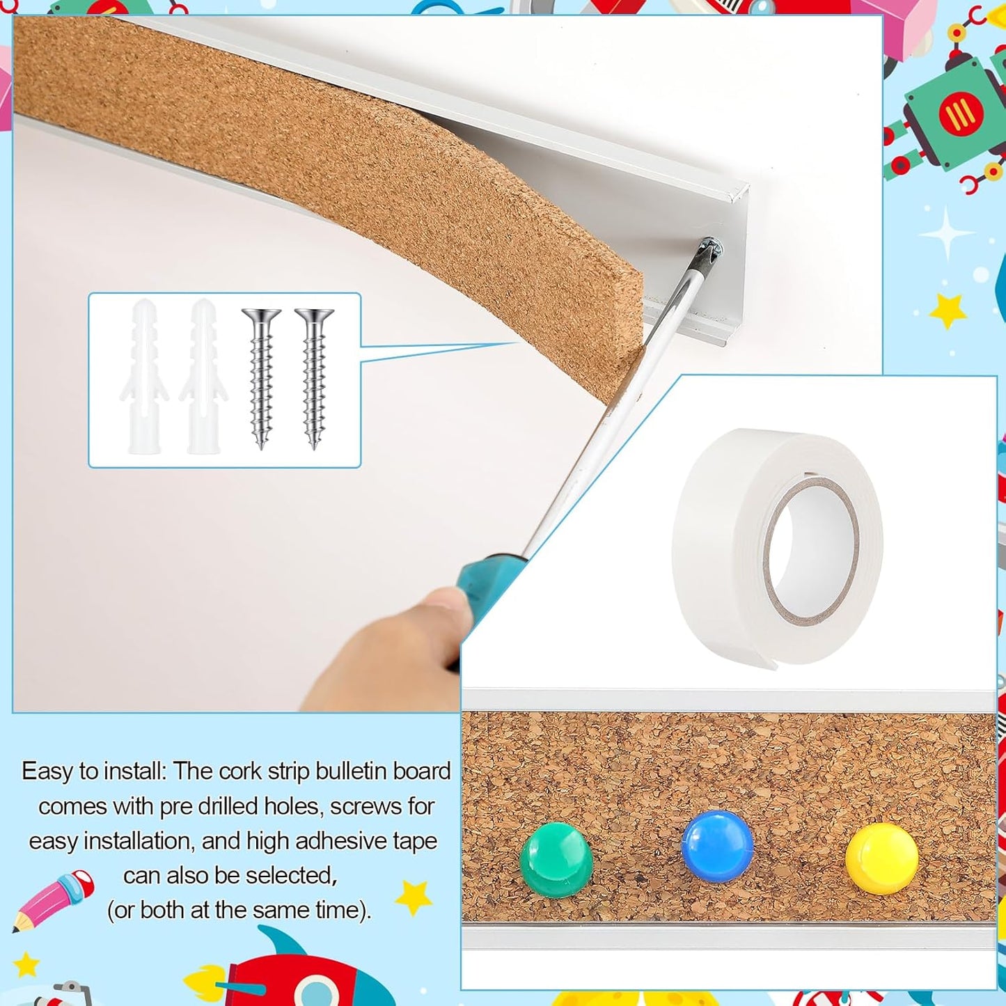 2 Pcs 72'' x 2'' Cork Board Strip for Wall - Bulletin Bar Tack Board With Aluminum Trim - Brown for Classroom Office Walls Cubicle