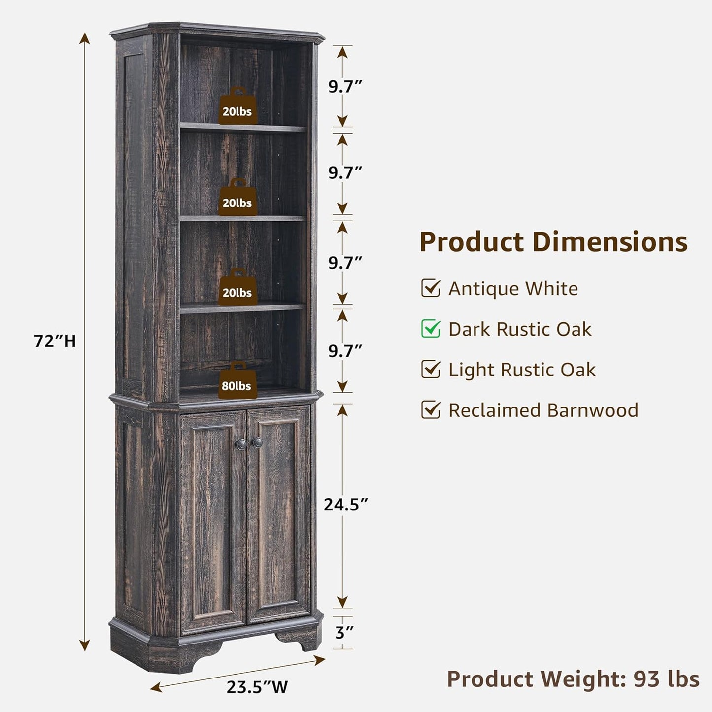 T4TREAM 6-Tier Bookshelf with Storage, 72" Tall Farmhouse Bookcase with Doors and Adjustable Shelves, Wooden Floor Standing Display Book Shelf Organizer for Home Office, Dark Rustic Oak