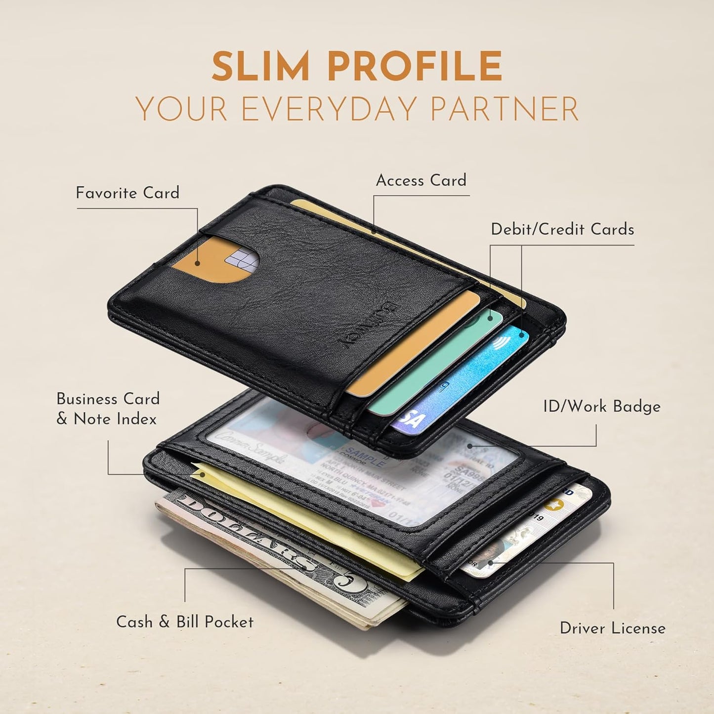 Buffway Slim Minimalist Front Pocket RFID Blocking Leather Wallets for Men and Women - Slate Black