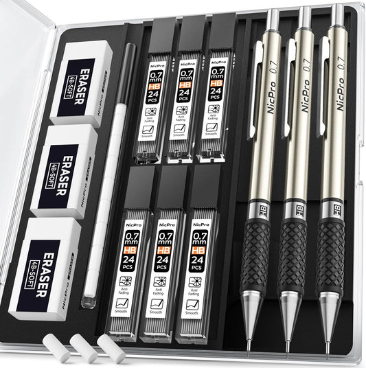 Nicpro 0.7 mm Art Mechanical Pencil Set in Storage Case, 3 PCS Metal Drafting Pencil Lead Pencil with 6 Tube HB Lead Refills, 3 Erasers, 9 PCS Eraser Refills for Artist Writing, Drawing, Sketching