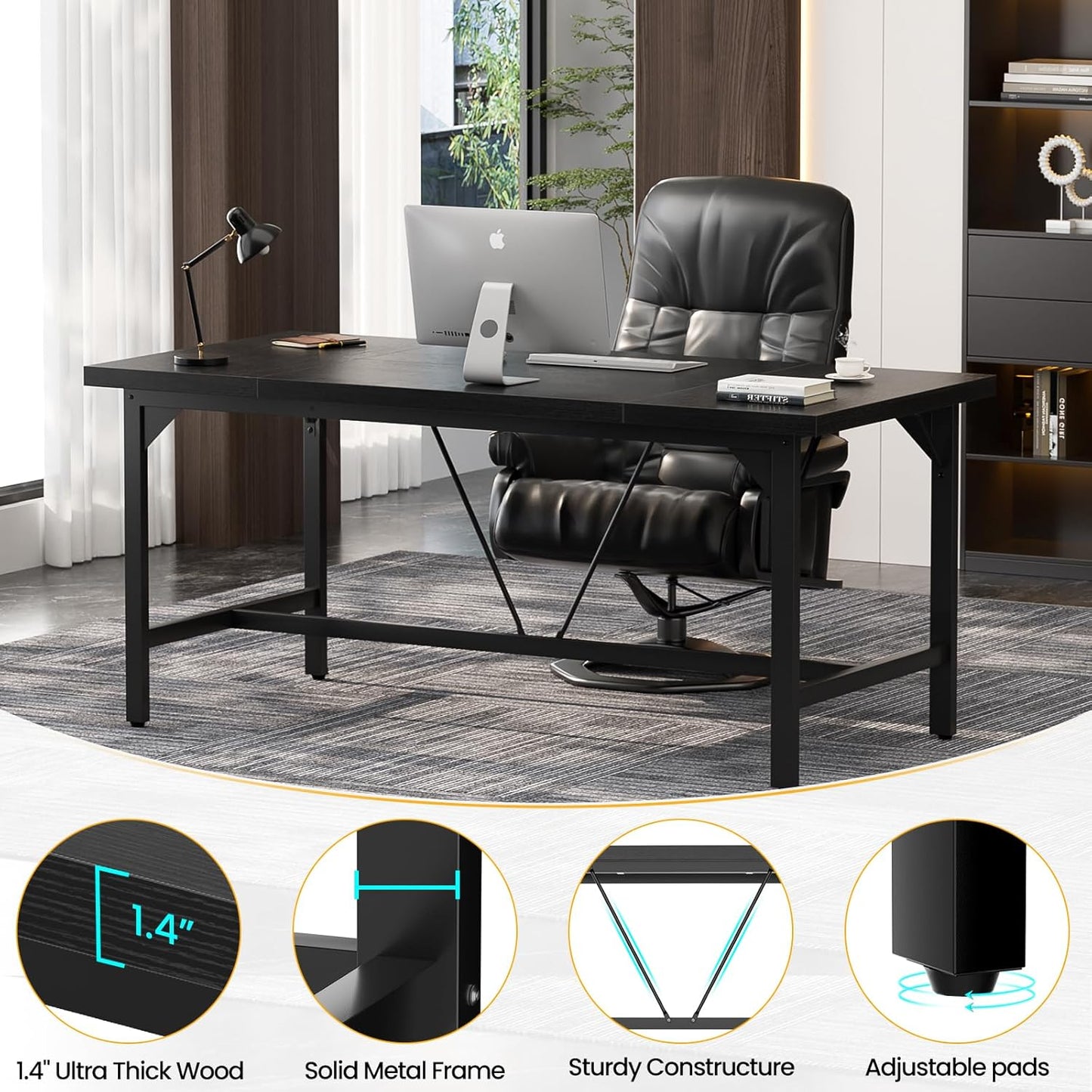 Unikito 63 Inch Computer Desk, Sturdy Large Office Desks, Premium 2 Person Long Desk, Super Thick Study Writing Gaming Table, Modern Computer Table for Home Office Workstation, Easy to Assemble, Black