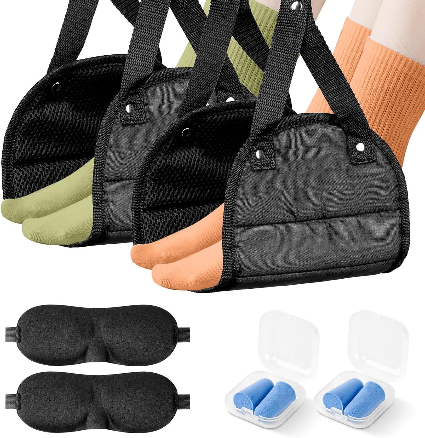 2 Pack Airplane Foot Rest,Portable Airplane Foot Hammock for Under Desk at Work to Relax Your Feet,Adjustable Memory Foam Foot Rest for Air Travel with Ear Plugs and Eye Mask