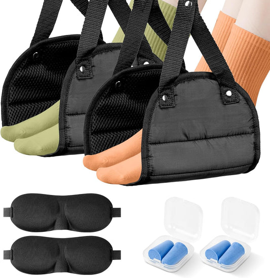 2 Pack Airplane Foot Rest,Portable Airplane Foot Hammock for Under Desk at Work to Relax Your Feet,Adjustable Memory Foam Foot Rest for Air Travel with Ear Plugs and Eye Mask