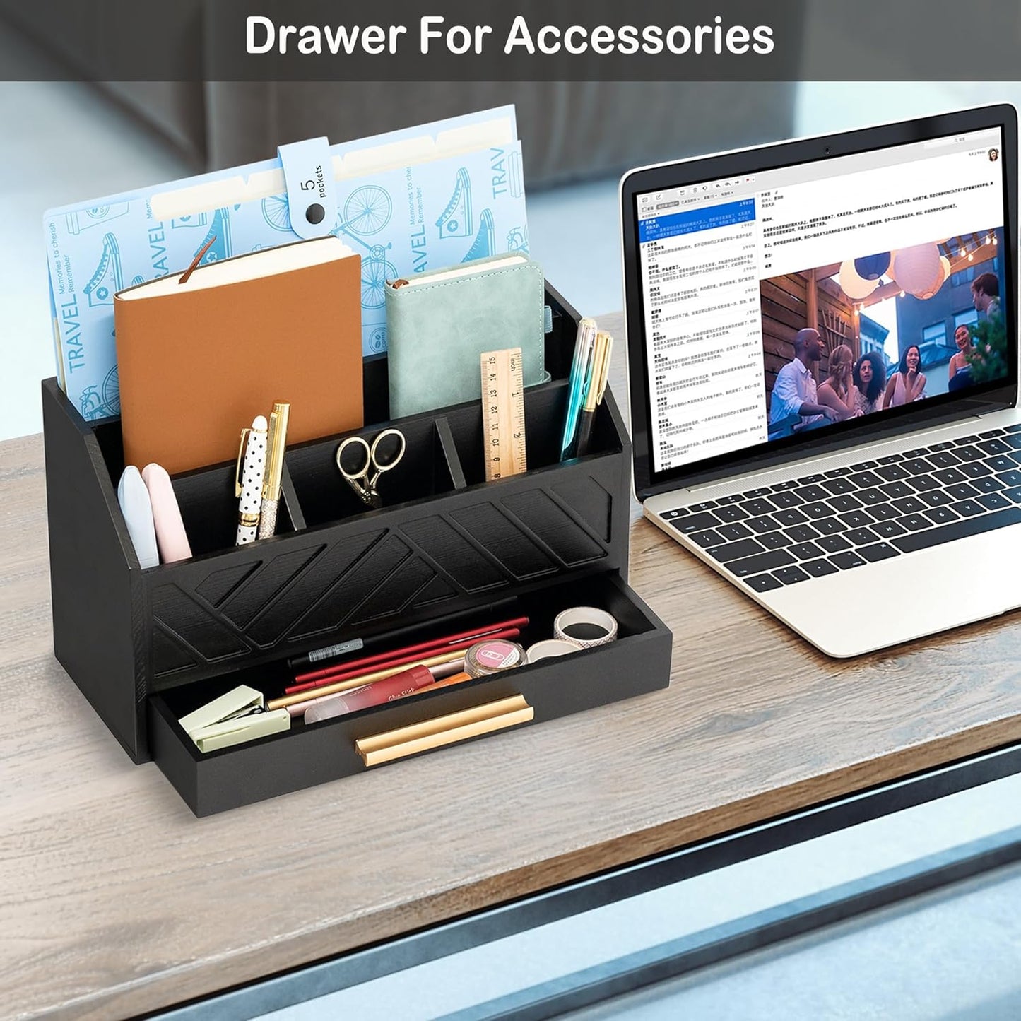 Black Wood Desk Organizer and Accessories with Drawer, Bill Mail Organizer and File Mail Holder for Office Supplies, Modern Desk Accessories & Workspace Organizers for Desk Organization