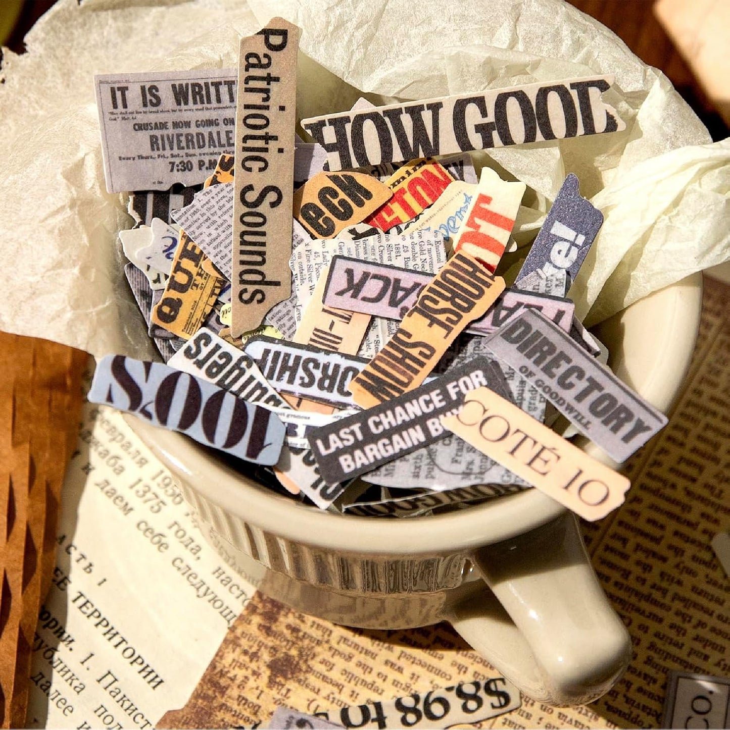 Vintage Fragmented Text Stickers, 400 PCS Washi Ephemera for Scrapbooking, Journaling, Crafting, DIY Projects, Diaries, and Art Supplies - 2 Iron Boxes Included