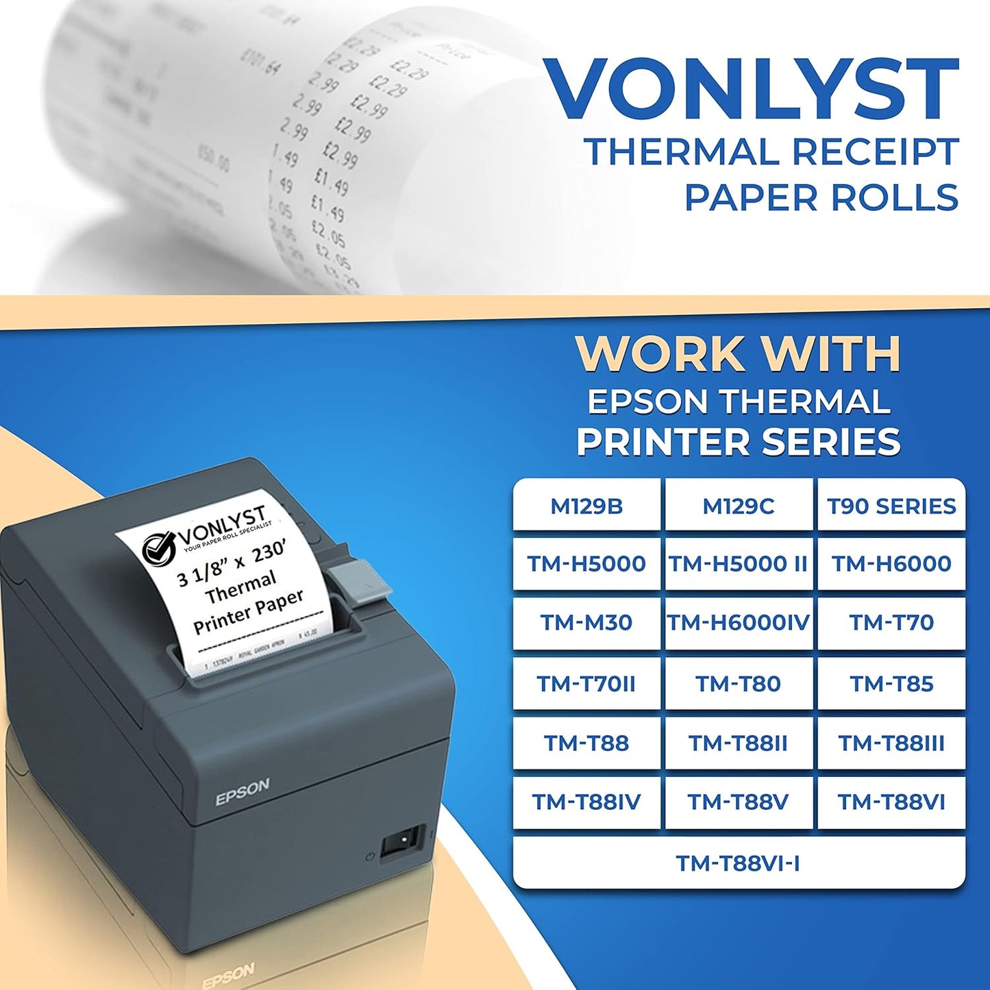 3 1/8 x 230 Thermal Paper Receipt Roll for Epson Printer (Pack 12 rolls)