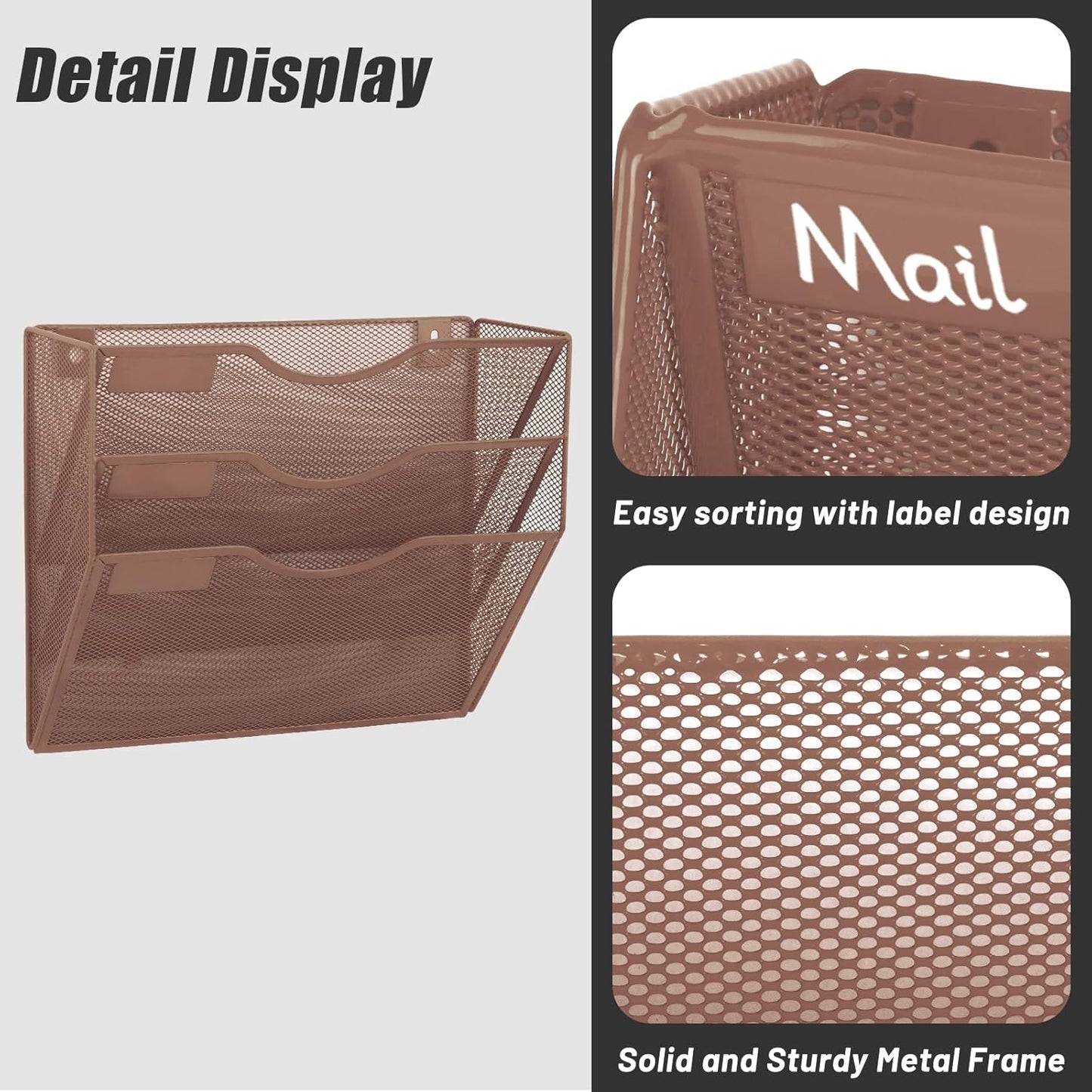 EASEPRES 3 Pocket Mesh Hanging Wall File Organizer, Wall Mounted Mail Paper Document Folder Holder, Clipboard Storage Organization Magazine Rack with Nametag Label for Office Home School, Brown