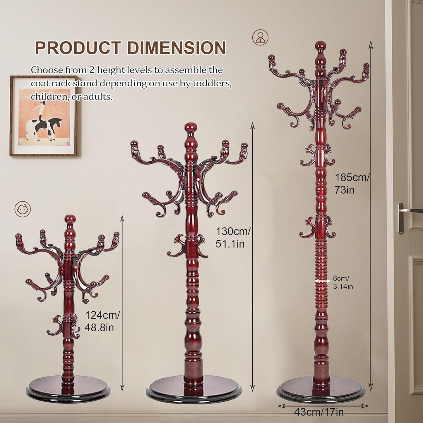 Solid Wood Coat Rack Stand with 18 Hooks, Vintage Coat Rack Freestanding with Heavy Duty Base, 3 Adjustable Height Coat Hanger Stand Hall Tree Fits Entryway Bedroom Office for Coat,Bag,Hat
