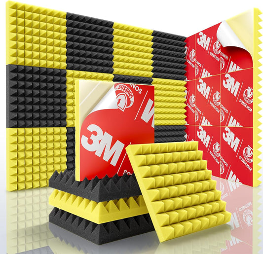 Sonicism Acoustic Panels Self-Adhesive Pyramid 12 Pack,12" X 12" X 1" Sound Proof Foam Panels for walls,35kg/m³High Density Soundproof Wall Panels Fast Expand,Sound Absorption&Decoration(Black/Yellow)
