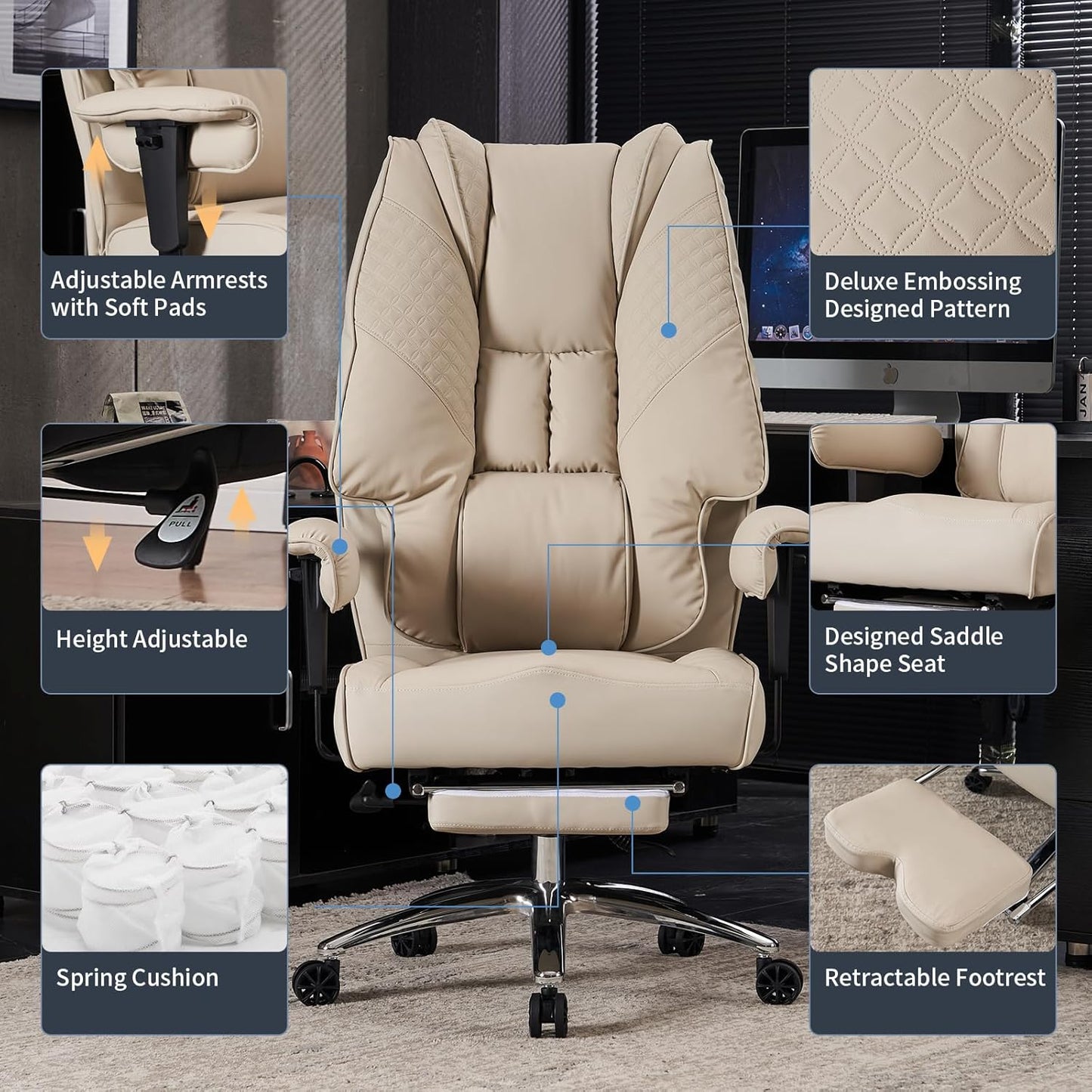 Big and Tall Office Chair 400lbs Wide Seat, Leather High Back Executive Office Chair with Foot Rest, Ergonomic Chairs Lumbar Support for Lower Back Pain Relief (Beige)