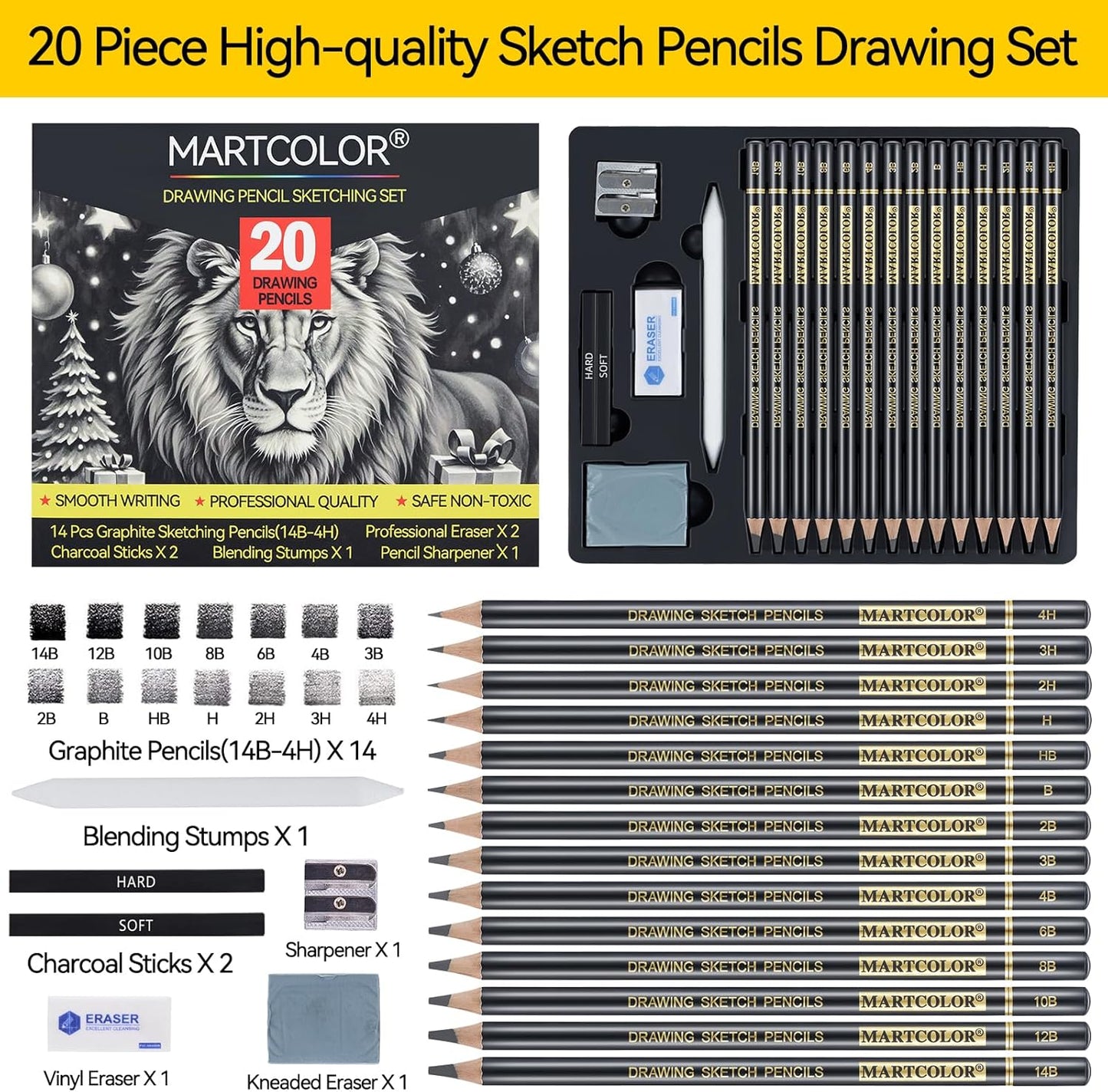 Drawing Sketching Pencil Set, 20 Pieces, Graphite Pencils (14B-4H), Charcoal Sticks, Stump, Eraser, Sharpeners, Ideal for Drawing Art, Sketching, Artist Pencils for Beginners & Pro Artists