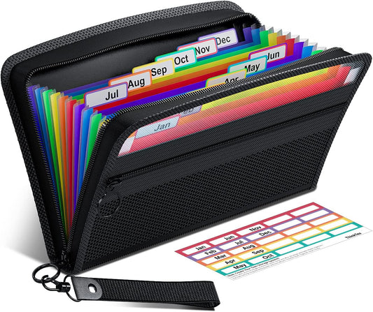 ThinkTex Receipt Coupon Organizer, 12 Pockets Small Accordion File Organizer, Junior Size 11x 6.6 Inches, Zipper Closure, Multi-Color Tabs