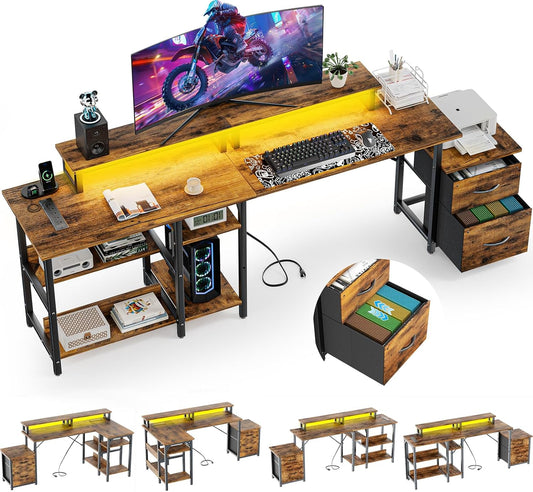 YOUNGAR 69.3" Home Office Desk with Storage, Reversible L Shaped Computer Desks, Corner Gaming Office Desk with 2 File Drawers&Power Outlet, Vintage