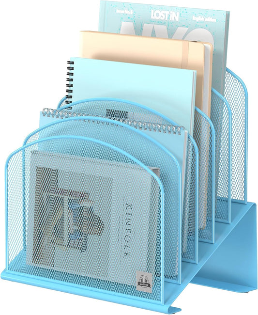 1Pack Inclined Desk File Organizer, 5-Section Vertical File Folder Holder Stand Metal Rack File Sorter for Office Classroom Desktop Organization,Blue