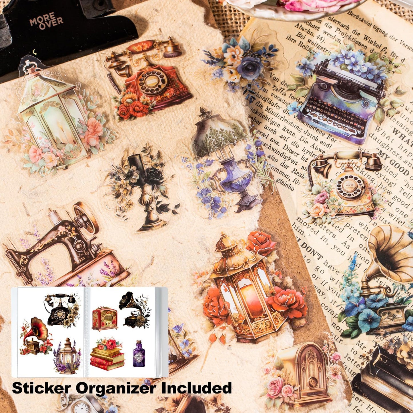 240Pcs PET Scrapbook Stickers Vintage Floral Designs for Scrapbooking DIY Crafts Waterproof Journaling Supplies Junk Journal Ephemera with Storage Organizer