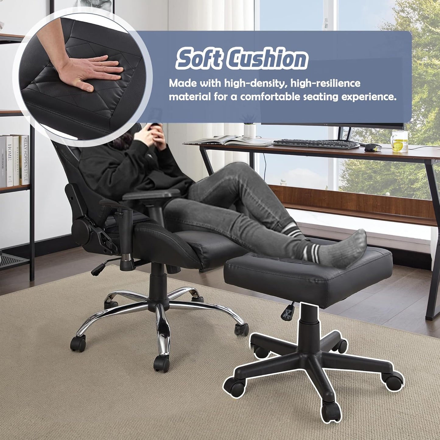 VECELO Under Desk Footrest, PU Ergonomic Foot Rest with Wheels, Comfort Padding, Height Adjustable for Relieving Leg Pain, Stiffness, Black