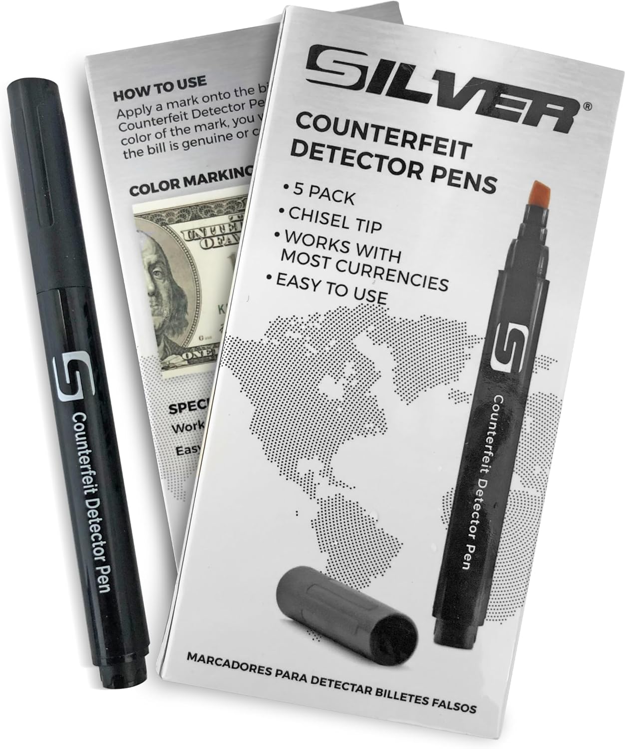 (5 Counterfeit Pens) Counterfeit Bill Detector Pen with Chisel Tip, Money Checker, Detector Pen Detects Fake Counterfeit Bills from Most World Currencies