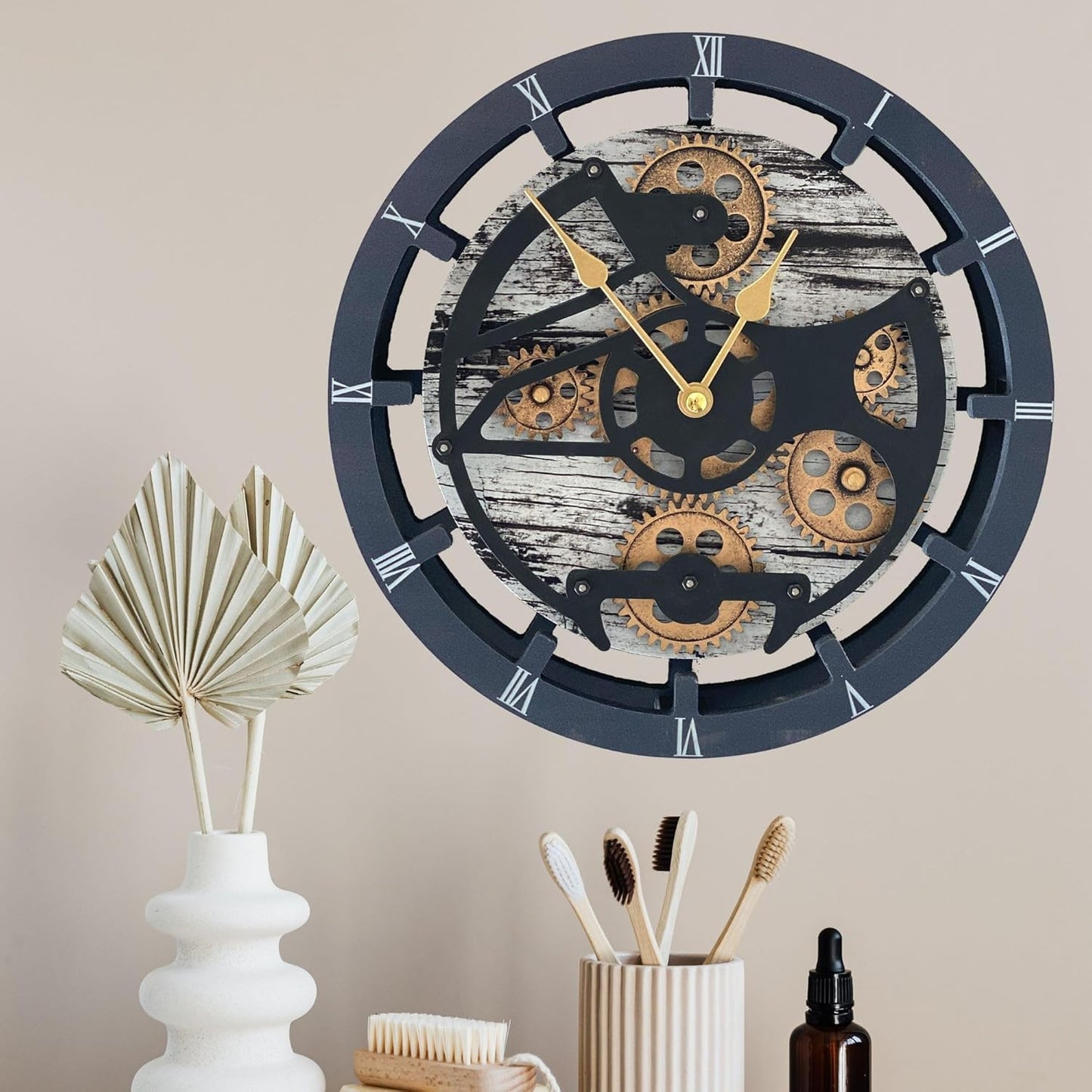 The Gears Clock 16 inches Wall Clock with Real Moving Gears Convertible into a Big Mantel Clock (Grey & White)