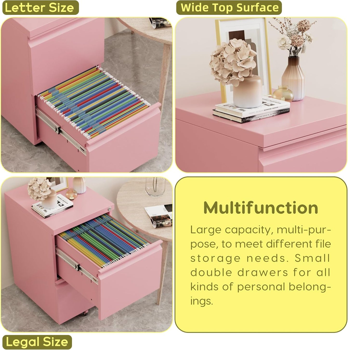 Aobabo Metal 2 Drawer Office File Cabinet with Lock, Under Desk Office Steel Files Cabinet on Wheels, 25.6''H Legal/Letter A4 Size, Fully Assembled Except Wheels,Pink