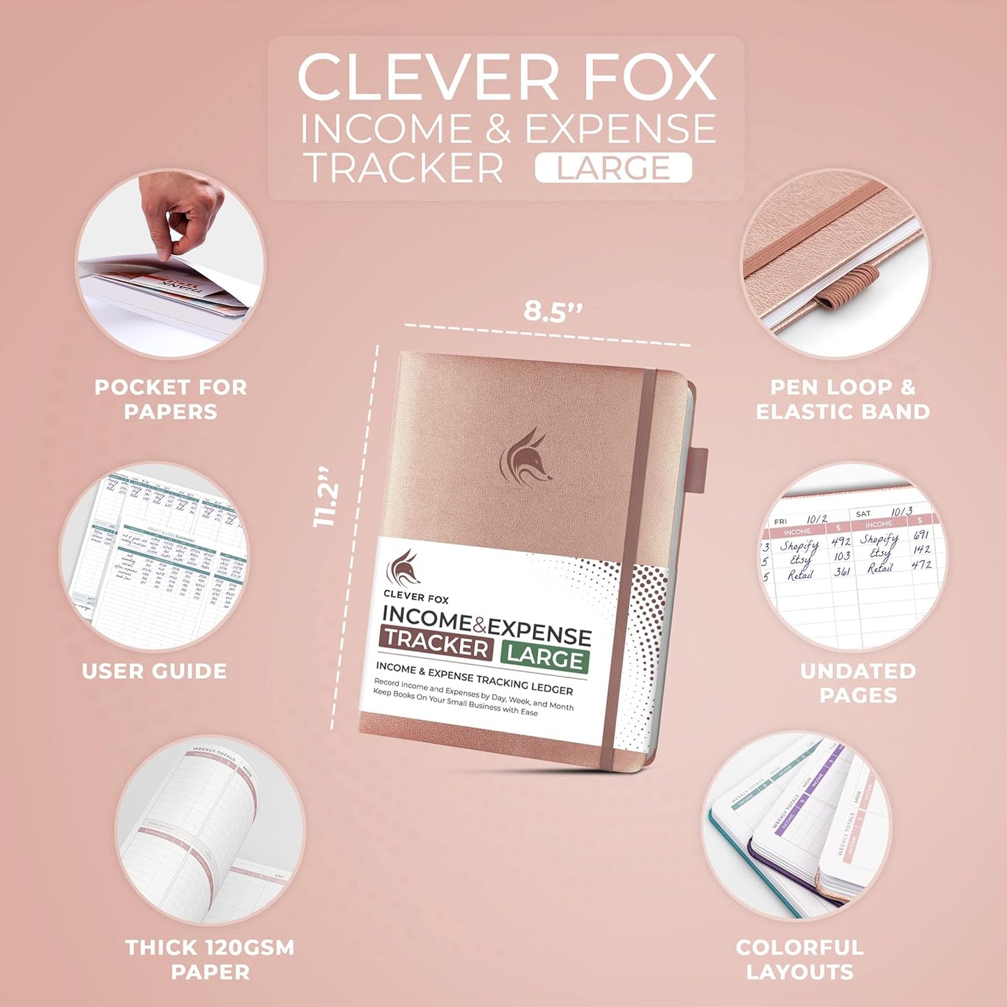 Clever Fox Income & Expense Tracker Large – Accounting & Bookkeeping Ledger Book for Small Business – 2-Year Record Notebook, A4 (Rose Gold)