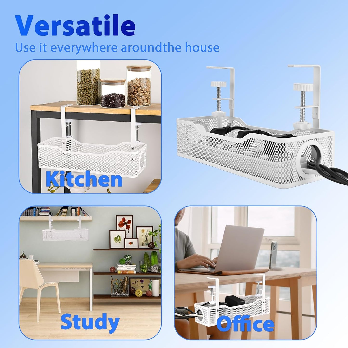 Clamp-On Under Desk Cable Management Tray – No Drill Metal Cord Organizer for Power Strips & Wires – Easy to Install Under Table Cable Holder (White)