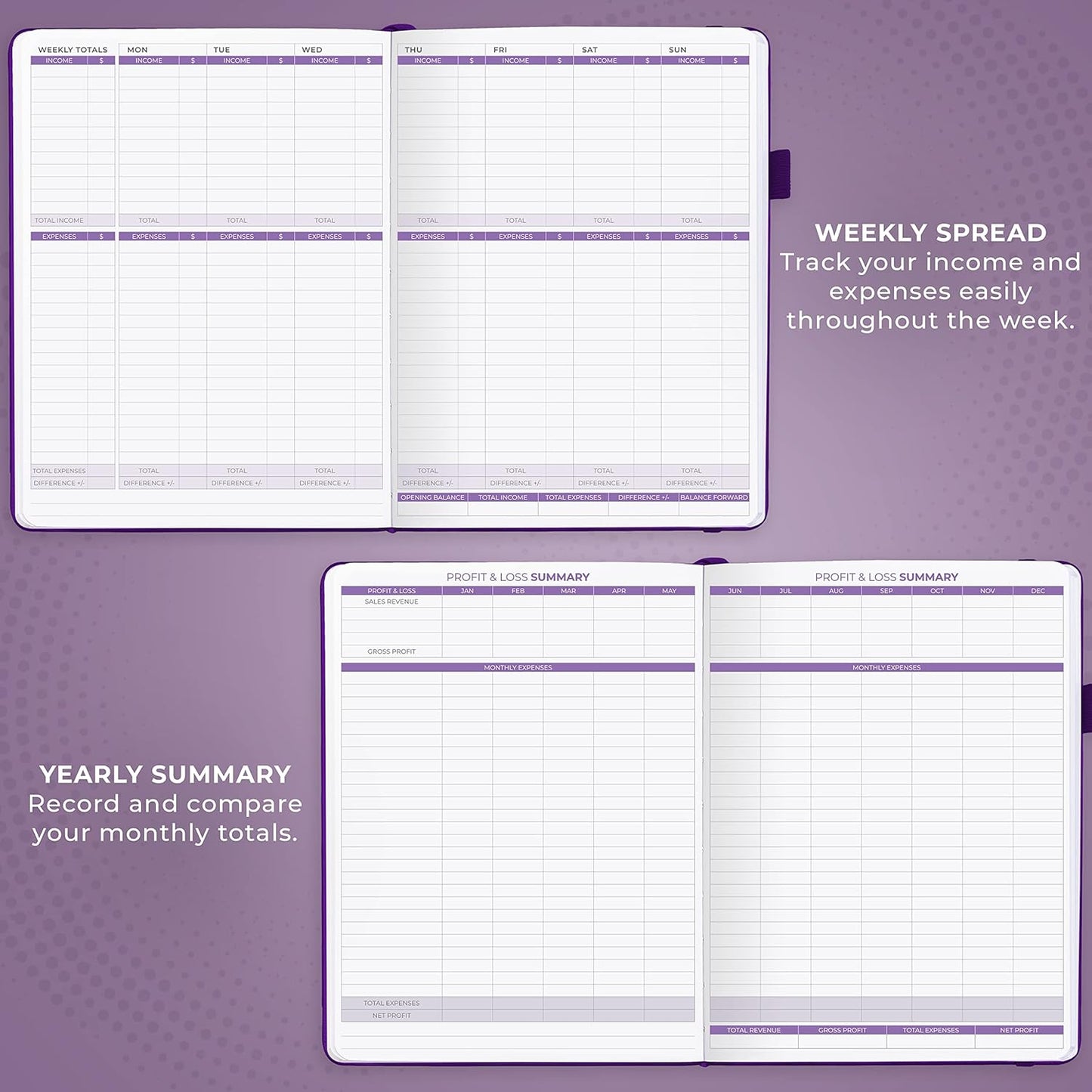 Clever Fox Income & Expense Tracker Large – Accounting & Bookkeeping Ledger Book for Small Business – 2-Year Record Notebook, A4 (Purple)