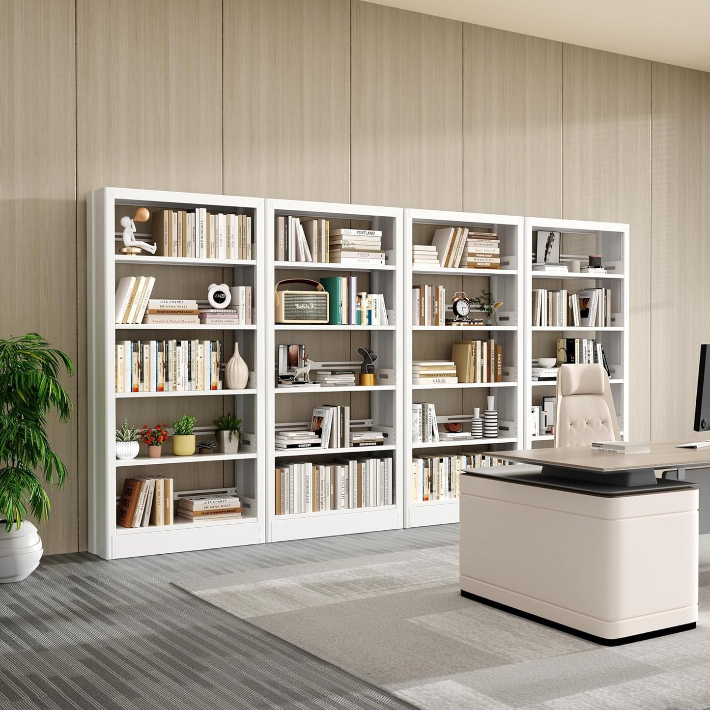 5-Tier Bookcase with Adjustable Storage Shelves, Metal Bookshelf with Book Stopper, Bookcase Shelf for Library, Office, Living Room (White(1 Column,3 Combination Bookshelves))