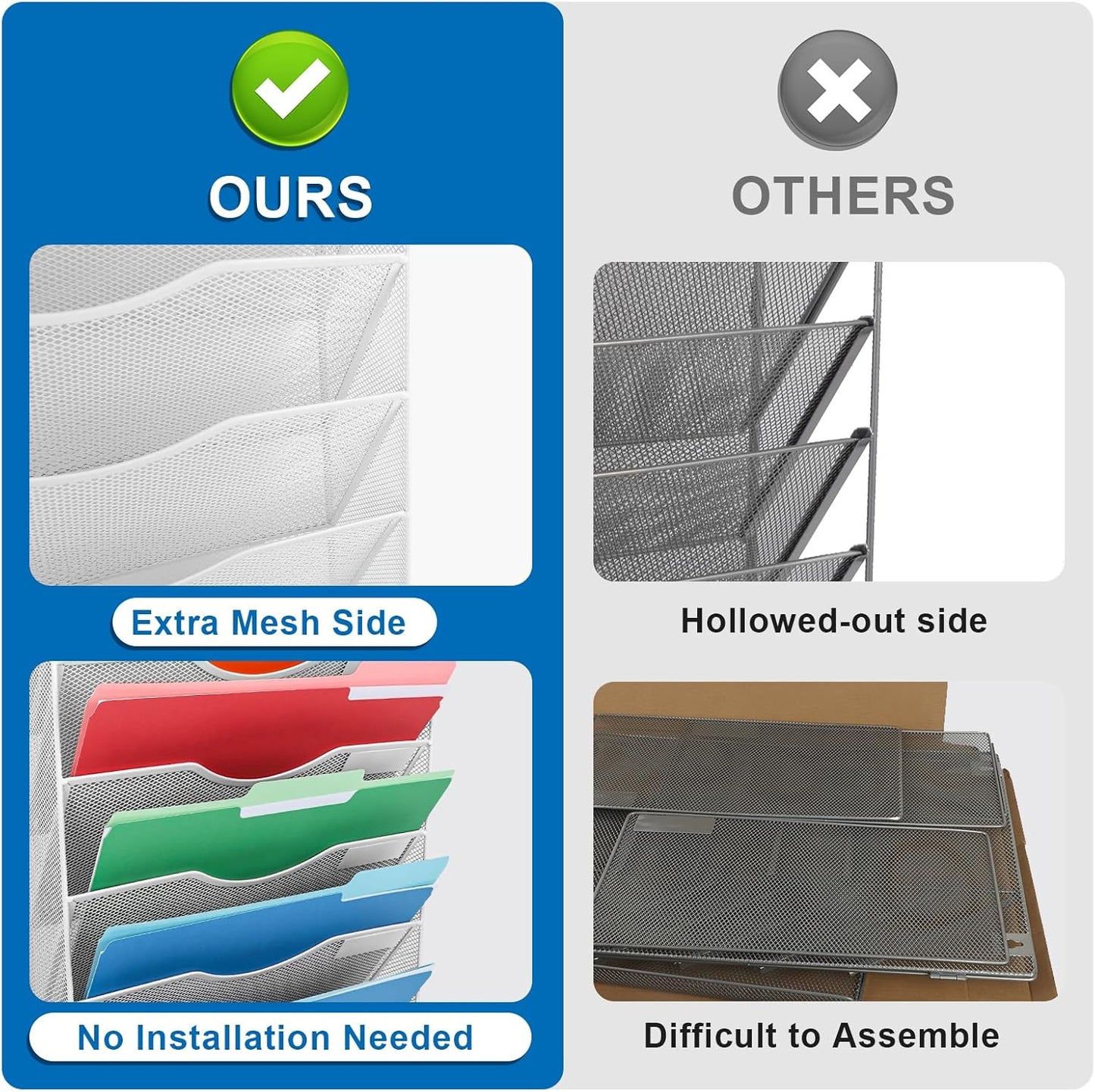 EASEPRES 8 Pocket Mesh Hanging Wall File Organizer, Wall Mounted Mail Paper Document Folder Holder, Clipboard Storage Organization Magazine Rack with Nametag Label for Office Home School, White