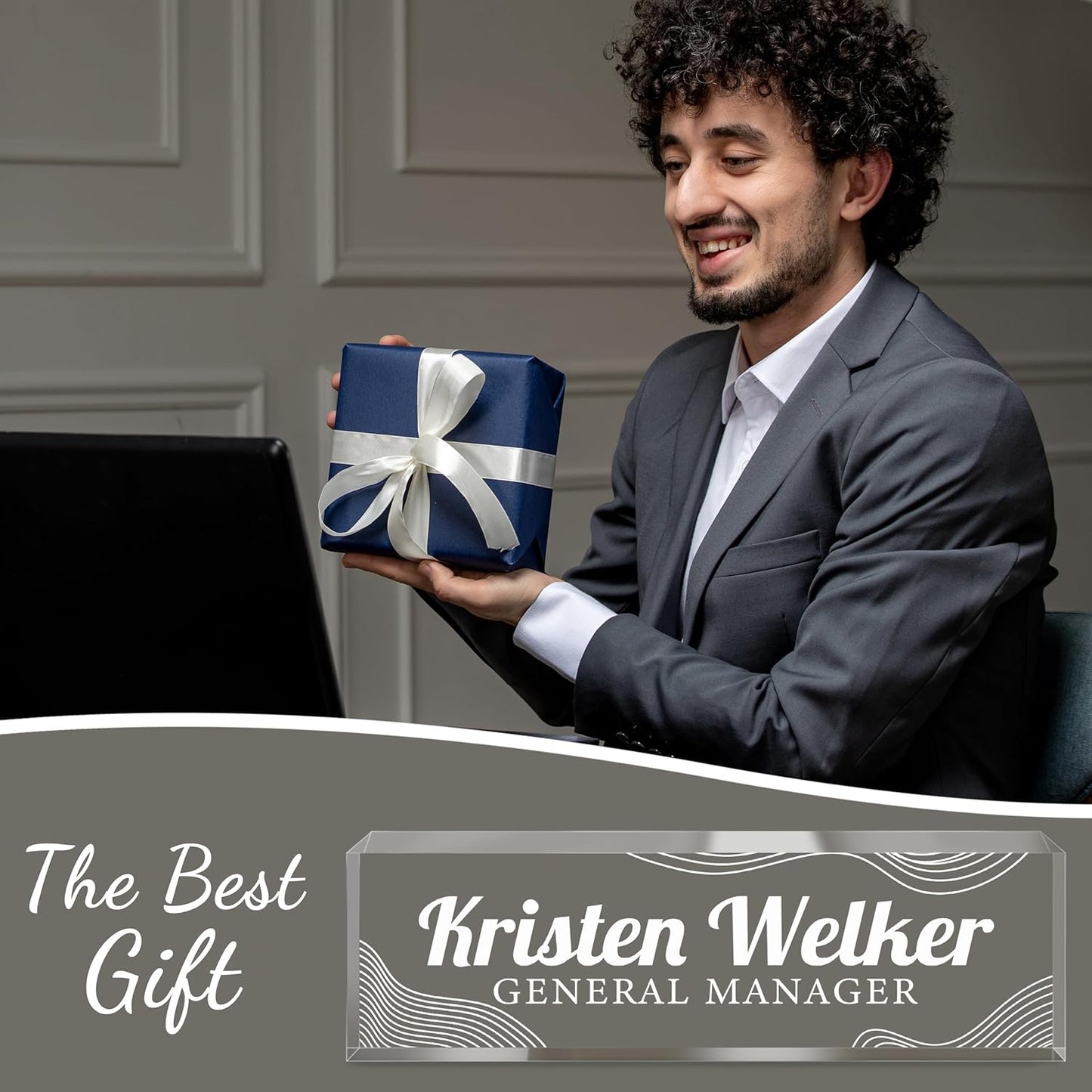 Personalized Name Plate for Desk - Custom Engraved Name Plates for Man - Boss Day Gifts for Boss - Acrylic Office Decor Appreciation Gifts for Teacher Nurse Coworker Social Worker (White Lines)