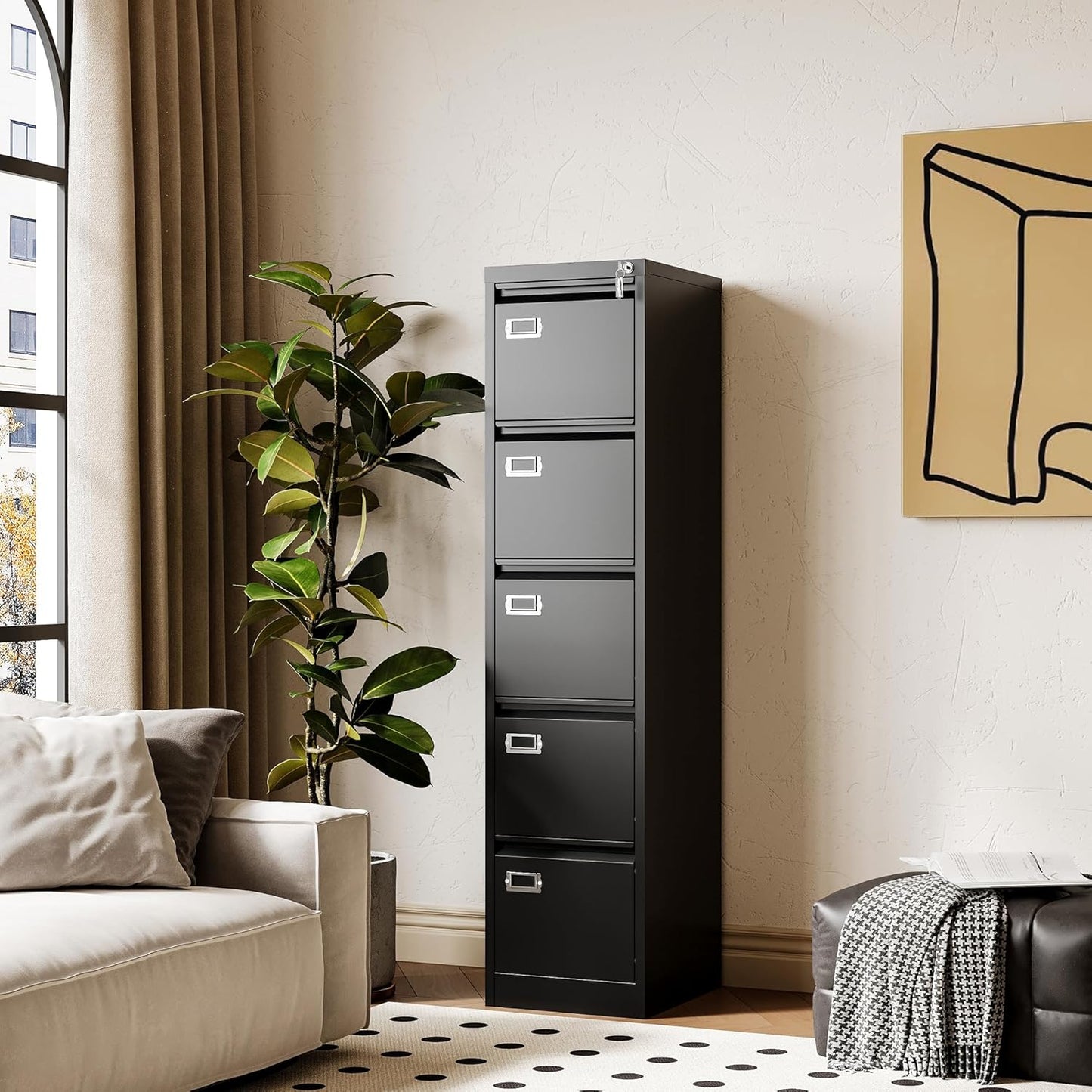 File Cabinets - 5 Drawers Vertical 17.8" Deep Lockable Filing Cabinet - Black & Gray Metal Storage Cabinets for Home Office to Hanging Files Letter/Legal/F4/A4 Size