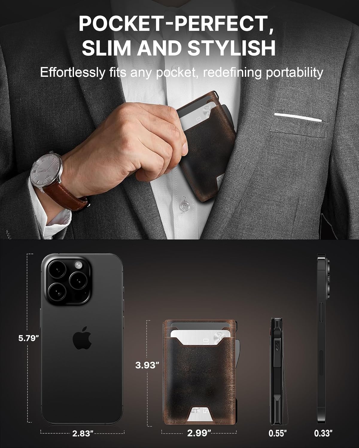 typecase Wallet for Men: Rfid-blocking with Money Clip Slim Leather Bifold ID Window Smart Pop Up Card Case Front Pocket Wallet with Gift Box (Burnished Black)