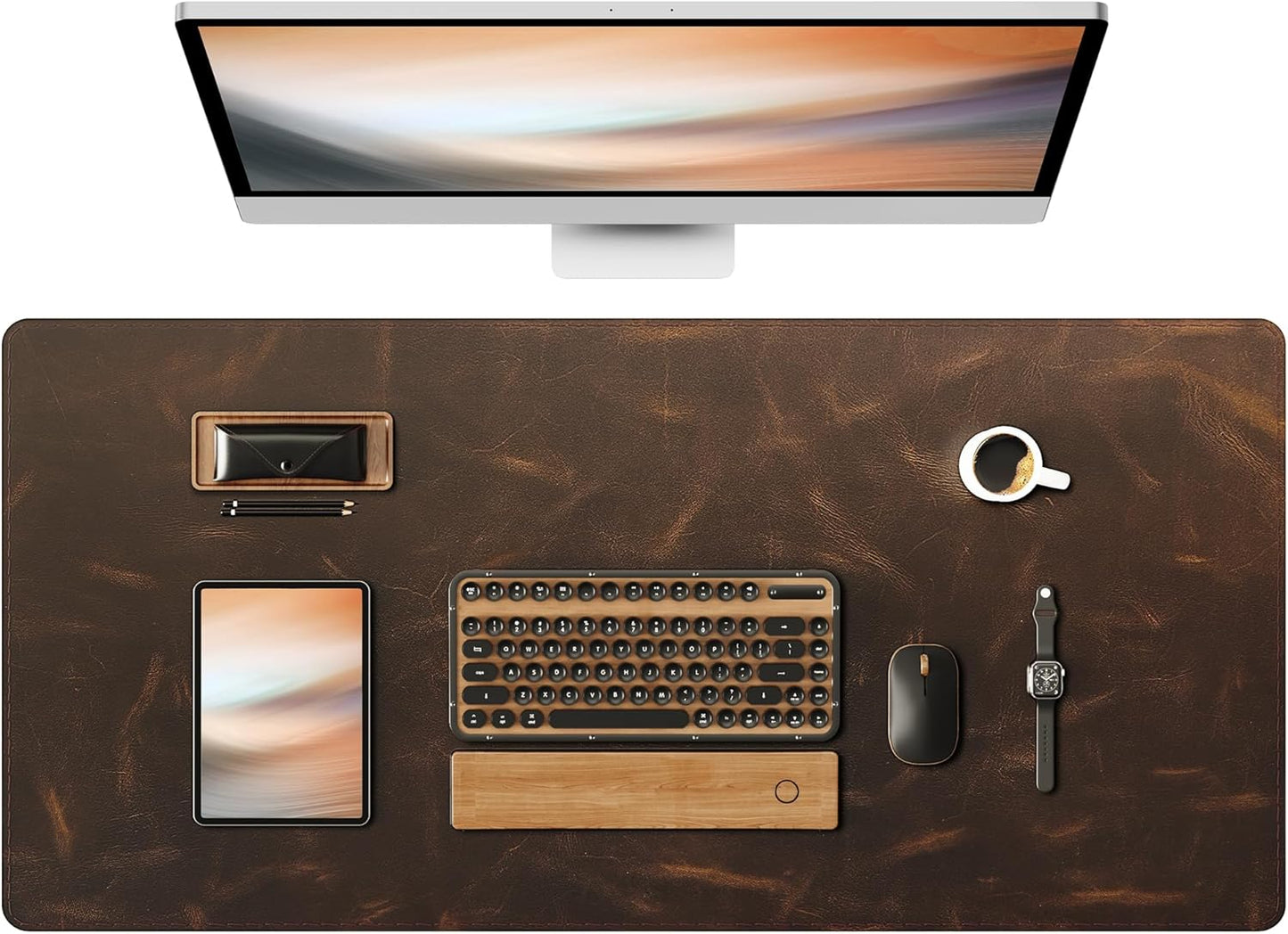 YSAGi Leather Desk Mat, 35.4"x17"Real Leather Desk Pad,3mm Thick Desk Blotter with Stiched line,Oil-Wax Feel Mouse pad and Self-Healing Laptop Pad for Home & Office(Classic Dark Brown)