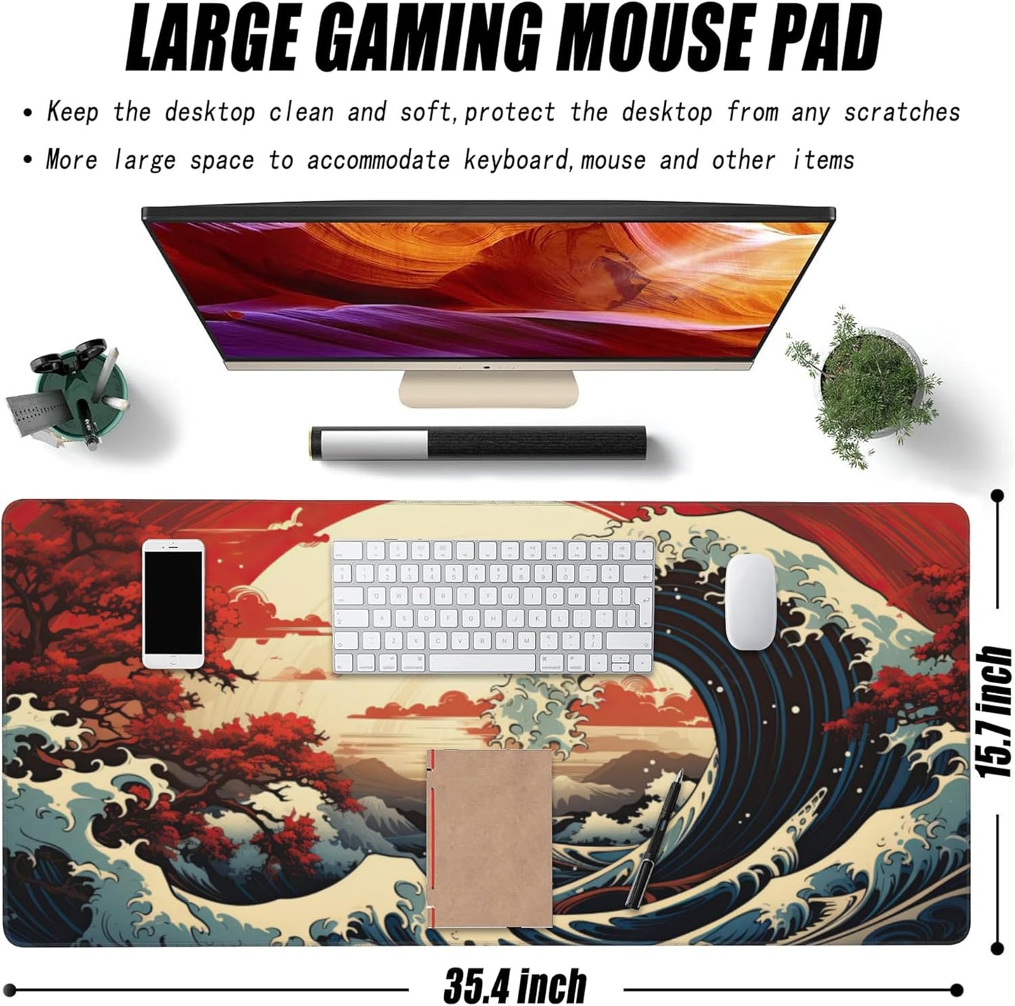 Extended Large Gaming Mouse Pad, Japanese Great Wave Sunset Large Desk Mat for Desktop, Non-Slip Rubber Base Stitched Edges Long Computer Keyboard Desk Pad Mouse Mat for Home Office 35.4"X15.7"
