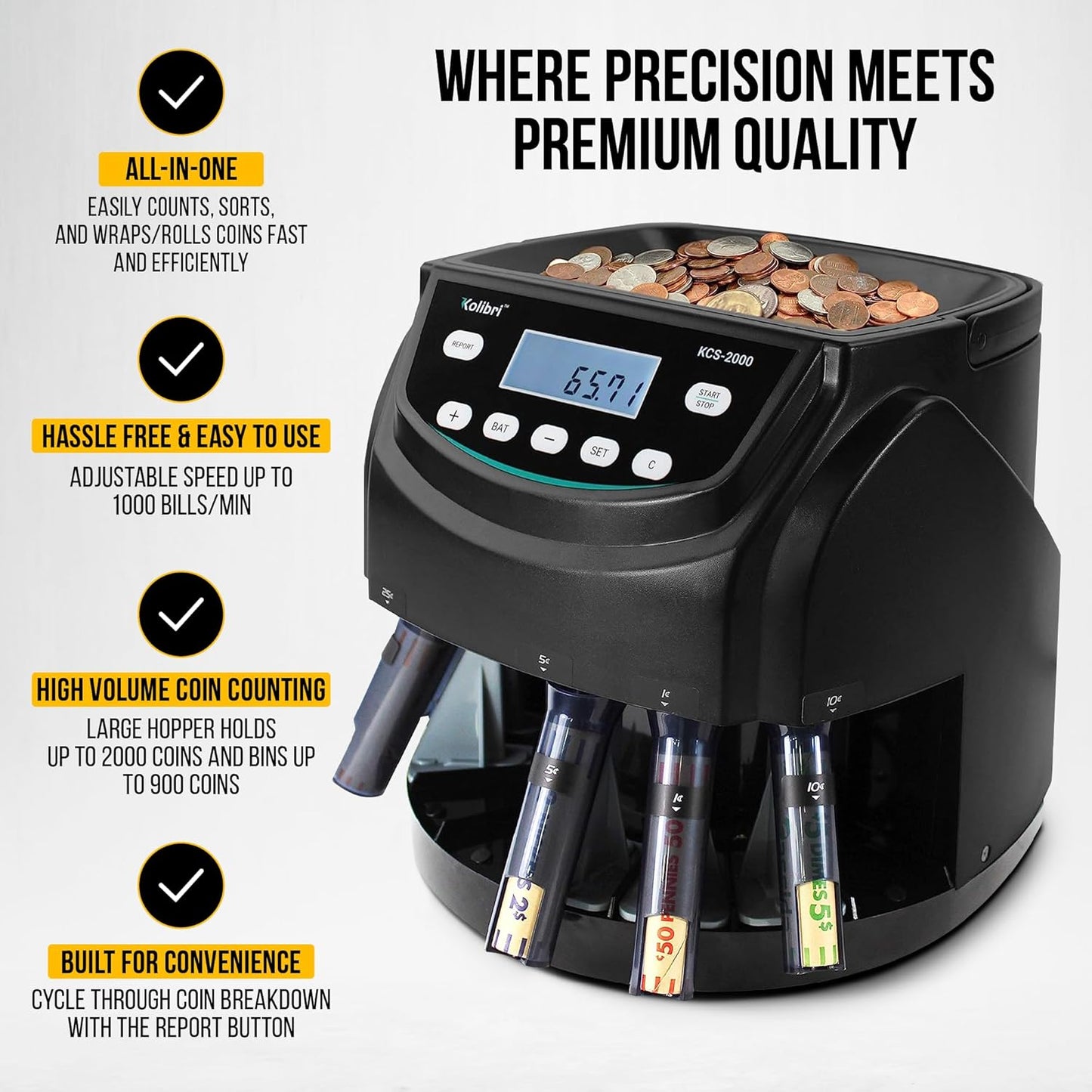 Kolibri KCS-2000 Professional USD Coin Counter Machine, Coin Sorter, Wrapper/Roller | 300 Coins/min, LED Display, Batch Feature | USD Change Counter (USA Tech Support)