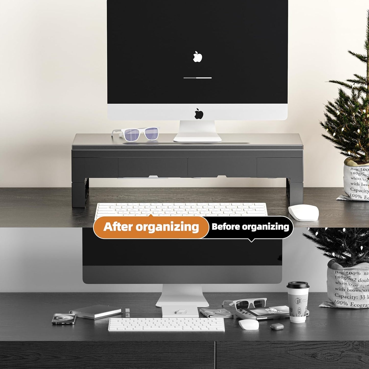 Computer monitor stand with 2 drawer ，Laptop Desk Shelf & Monitor Riser 21.6 inches long desk riser Monitors/PC/Laptop/Computer Space Saver Organizer ，Heavy Duty Gift Gaming Studio Offic (Basic Version, 500mm Drawer)