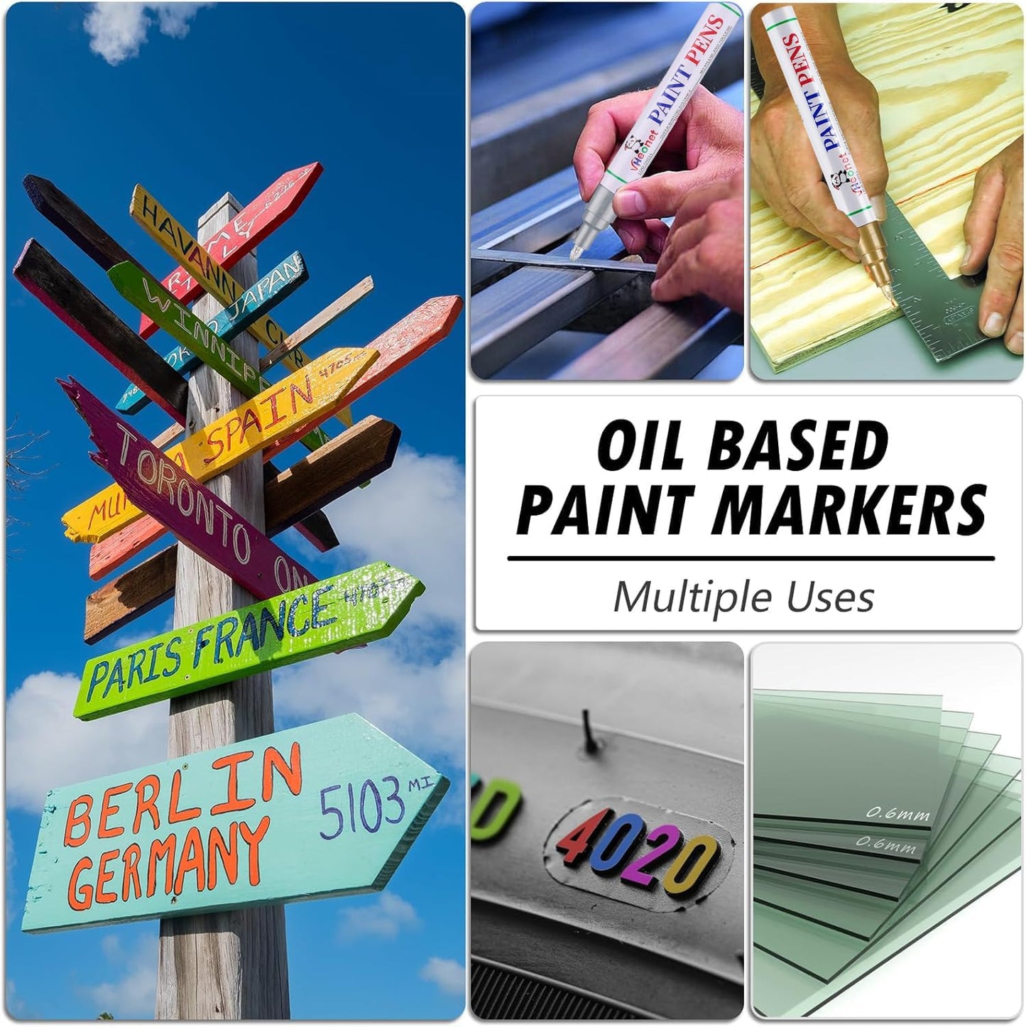 Sliver Paint Pens marking pens Permanent Markers - 6 Pack Oil Based Waterproof Markers for Tire, Rubber,Wood, Rocks, Metal, Canvas,Plastic, Dark Surface,Craft office Supplies,Medium Point
