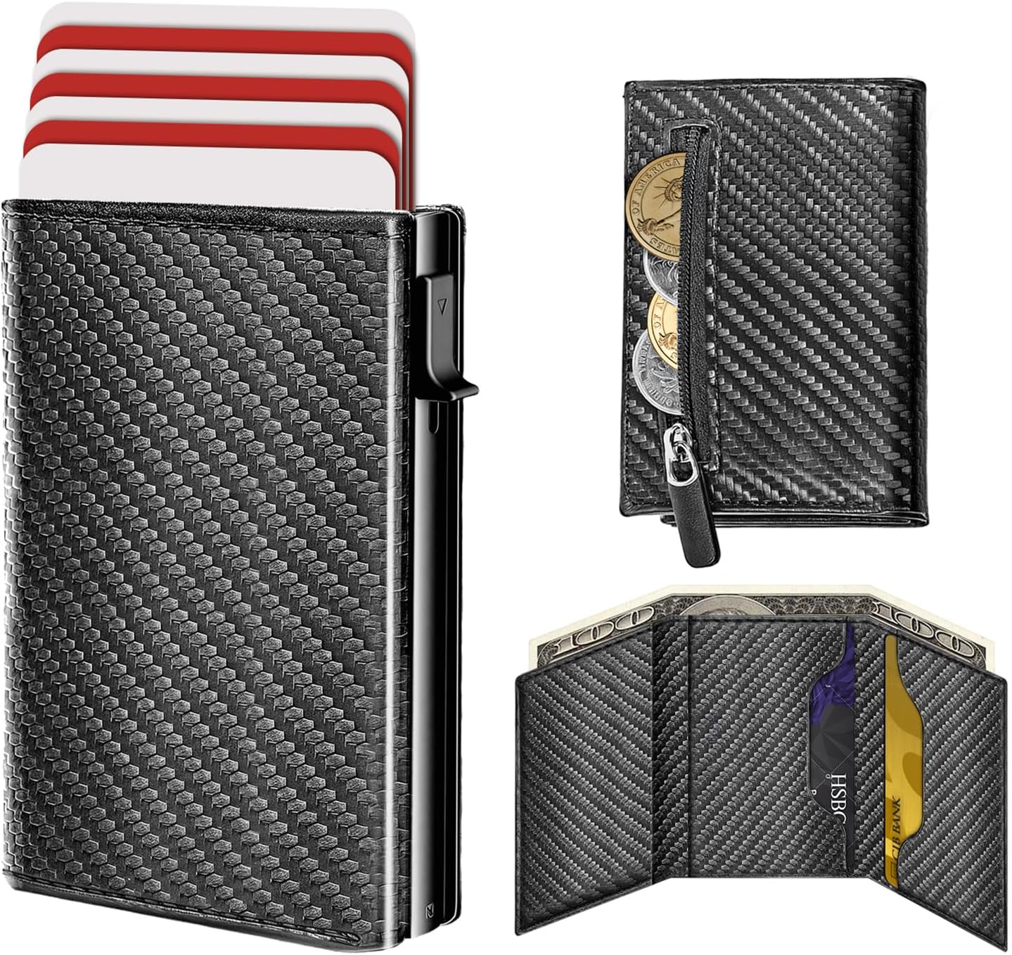 Wallet for Men with Coin Pocket, Pop-Up Card Holder, Holds 10-14 Cards, RFID Blocking, Minimalist, Smart, Slim, Cash Slot, Front Pocket, Gift for Men (Carbon Fiber)