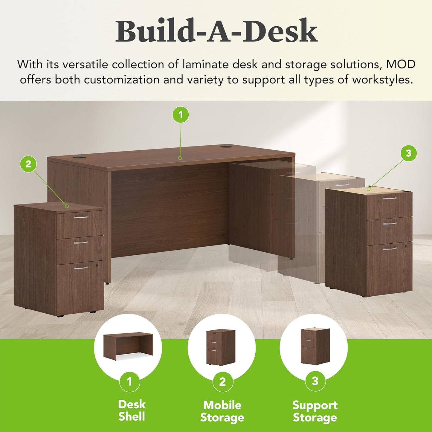 HON MOD Executive Desk 60-Inch Large Computer Desk Shell, Thick Wooden Laminate, Modern Table with Cord Management, 60" W x 30" D x 29" H, Walnut