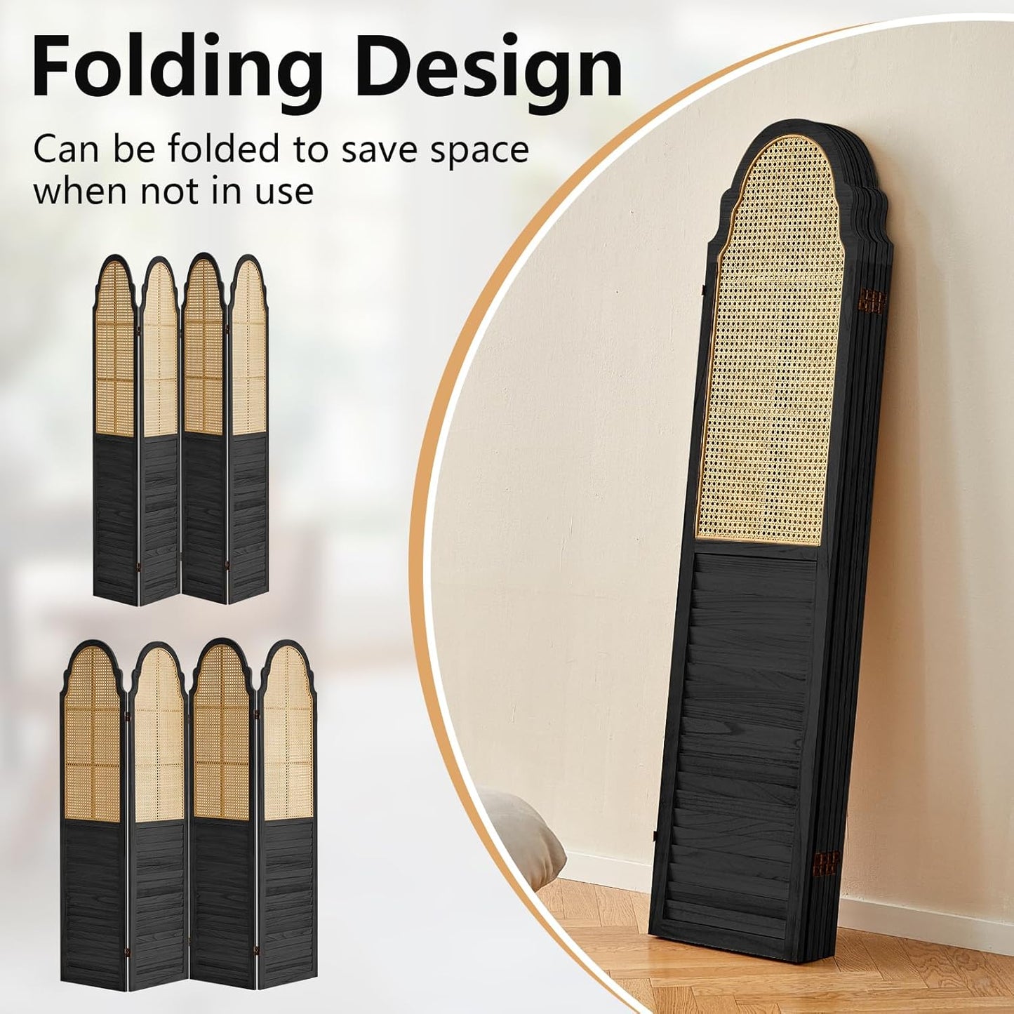 4 Panel Rattan Room Divider Panel, 5.6Ft Partitions and Dividers, Louvered Partition Divider, Room Dividers Screen, Solid Wood Frame, Folding Screen, Bedroom, Family Room, Black