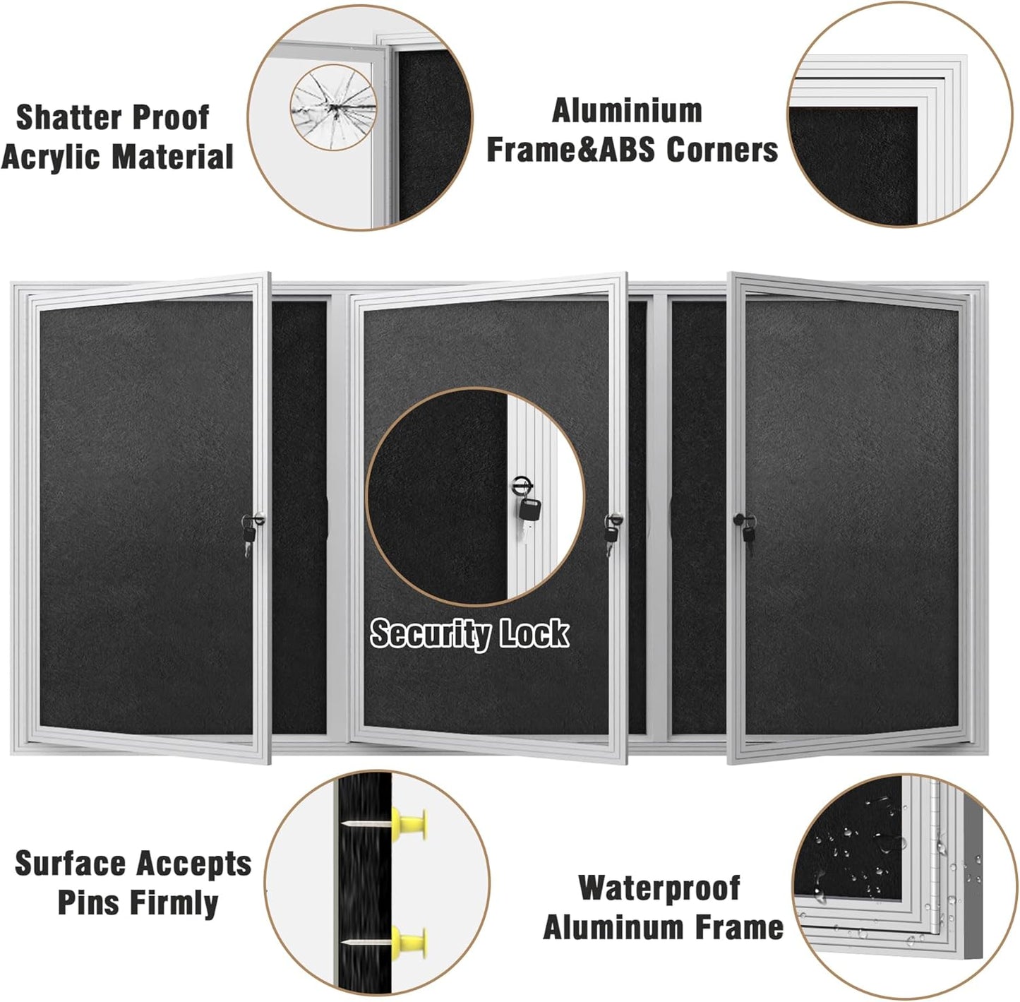 70"x34" Enclosed Bulletin Board, Outdoor Lockable Weather-Resistant Aluminum Cork Noticeboard for School & Office, Silver Frame w/Black Flet