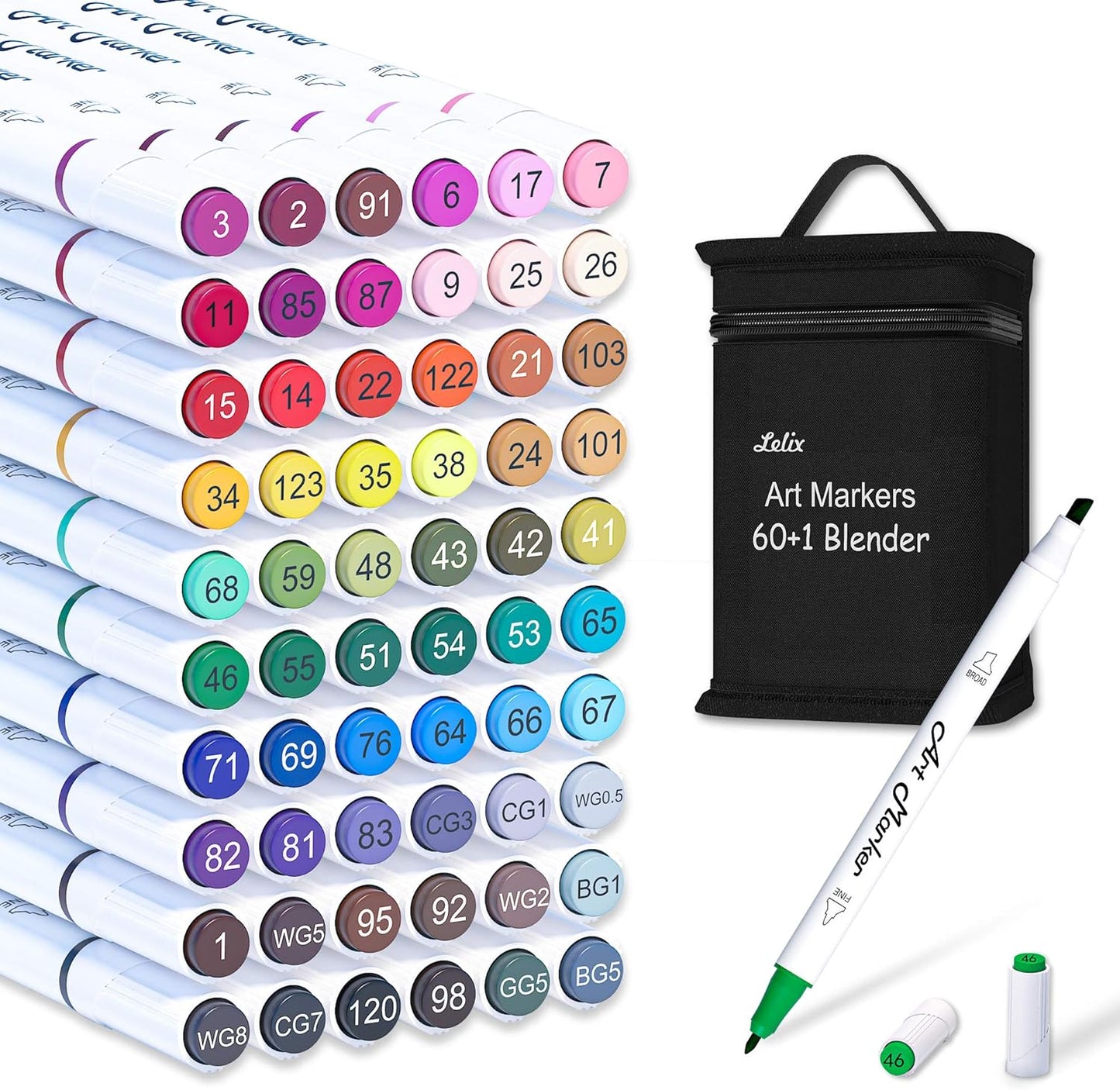 Lelix 61 Colors Alcohol Art Markers, 60 Colors Plus 1 Blender Dual Tip Permanent Marker Pens Highlighters Perfect for Kids Adults Artist Drawing Sketching Card Making & Coloring Books