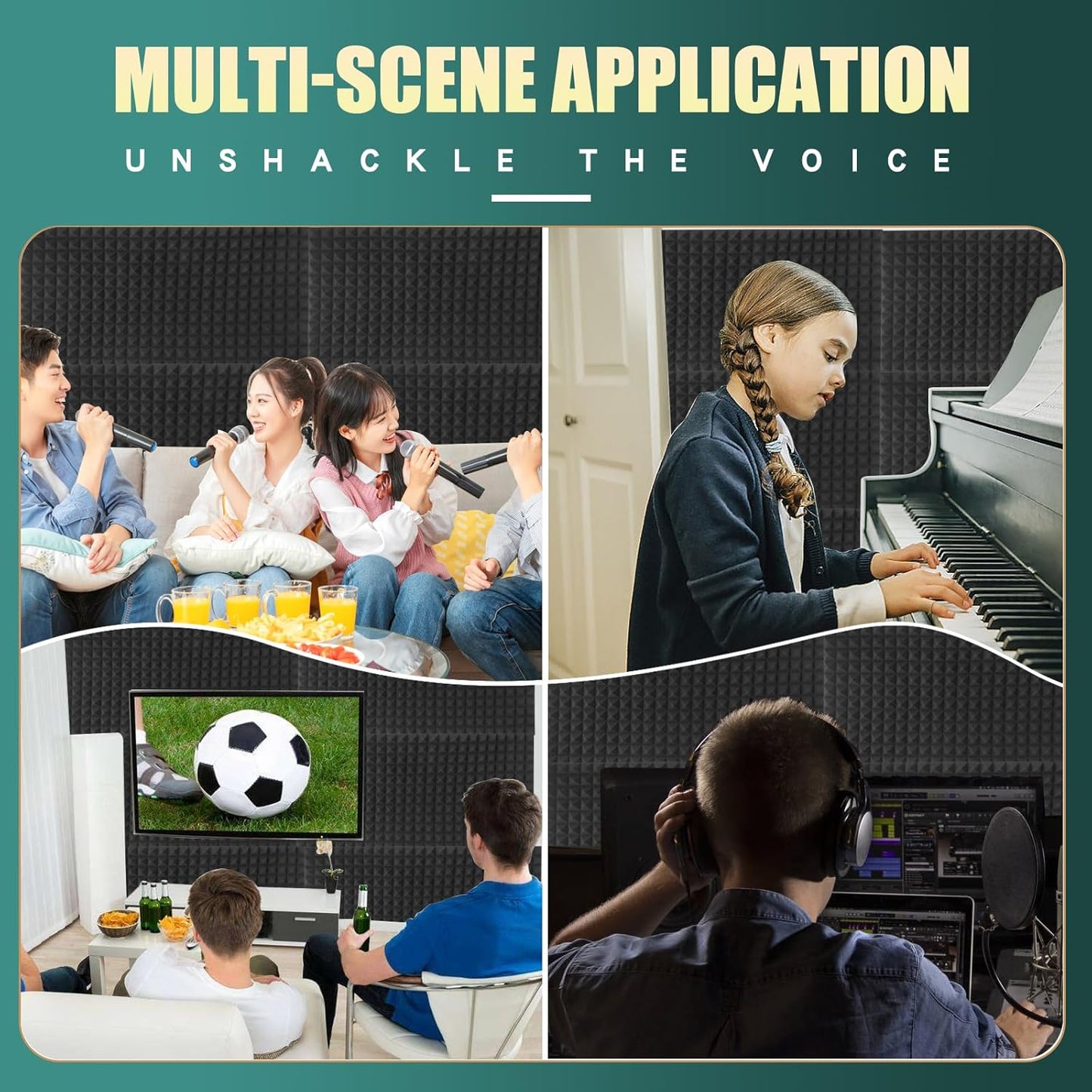 4 Pack pyramid Acoustic Foam Panels, 48 x 24 x 2" Sound Absorbing Panels High Density Studio Wedge Tiles Fire Resistant Acoustic Panels for Home,Office, Recording Room, Studio (Black)