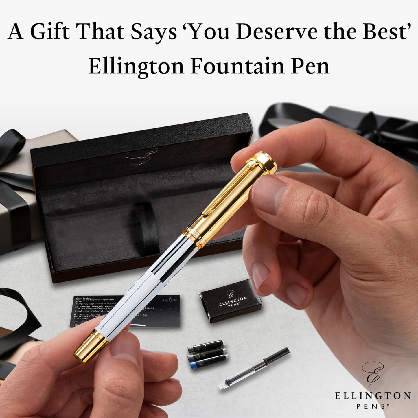 Luxury Fountain Pen Set- Fountain Pens for Writing - Smooth Extra Fine Nib - Includes Refillable Ink Converter, 3 Ink Cartridges [Black & Blue], Gift Box - Elegant Calligraphy