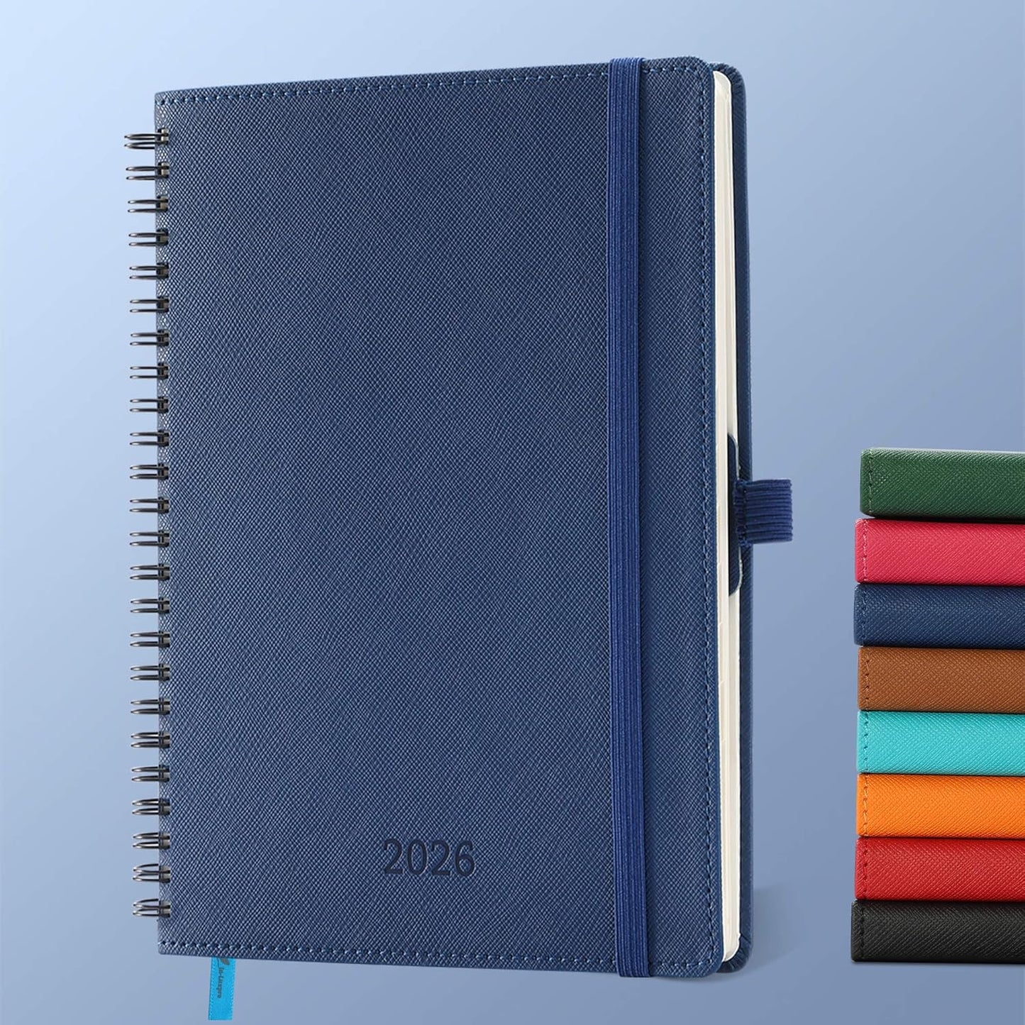 Planner 2026 Daily Weekly and Monthly,8.5"x6.5",12 Months Spiral Bound Calendar Agenda with Self-adhesive Pen Holder,2026 Appointment Book with Vegan Leather Soft Cover,Blue