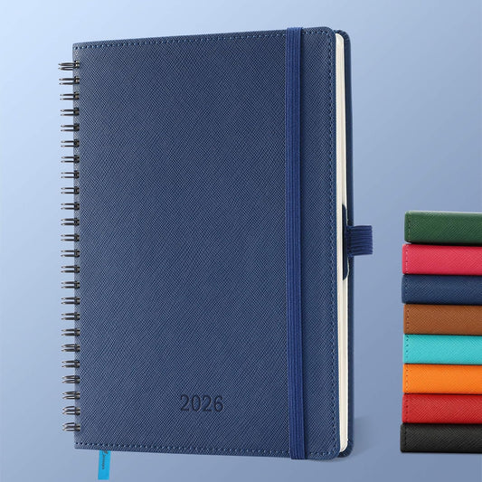 Planner 2026 Daily Weekly and Monthly,8.5"x6.5",12 Months Spiral Bound Calendar Agenda with Self-adhesive Pen Holder,2026 Appointment Book with Vegan Leather Soft Cover,Blue