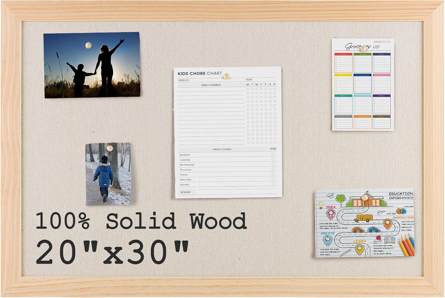 Bulletin Board Cork Board with Linen, 100% Wood Framed 30" x 20" Bulletin Board Decorations, Pin Boards for Walls, Wall Mounted Fabric Picture Board with 10 Pushpins for School, Home & Office, Natural
